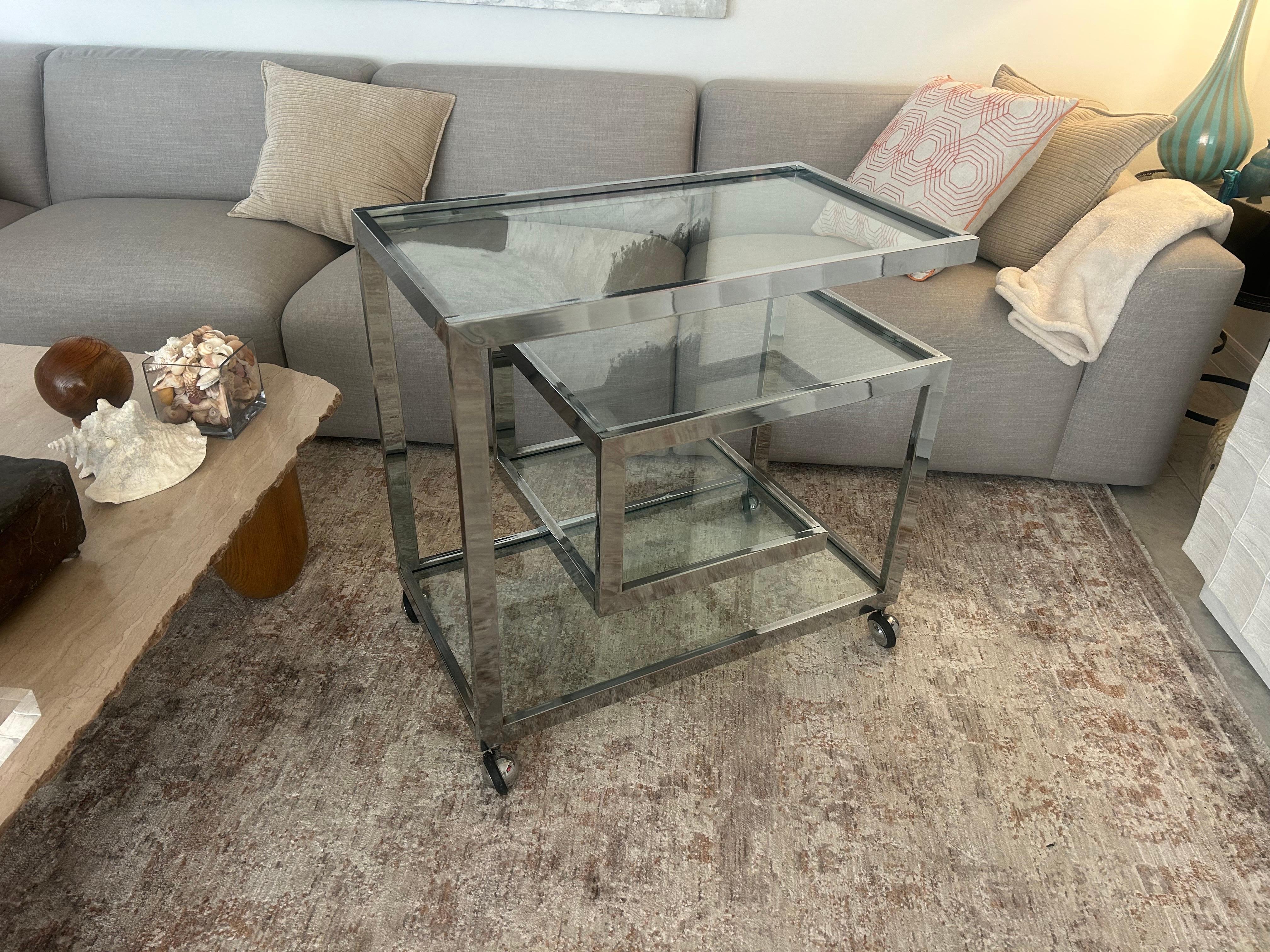 Steel Greek key chromed  steel bar  cart after Milo Baughman For Sale