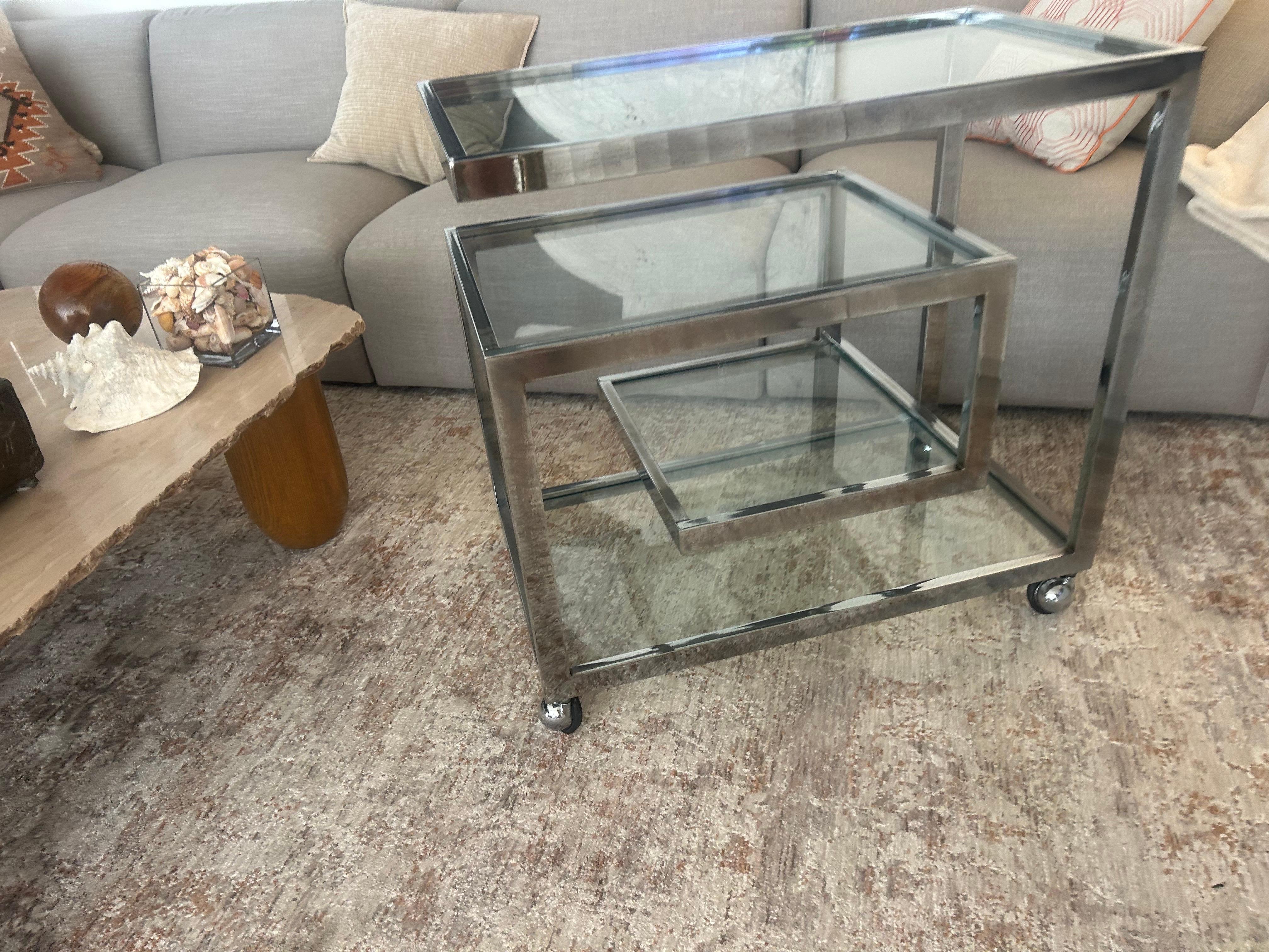 Greek key chromed  steel bar  cart after Milo Baughman For Sale 1