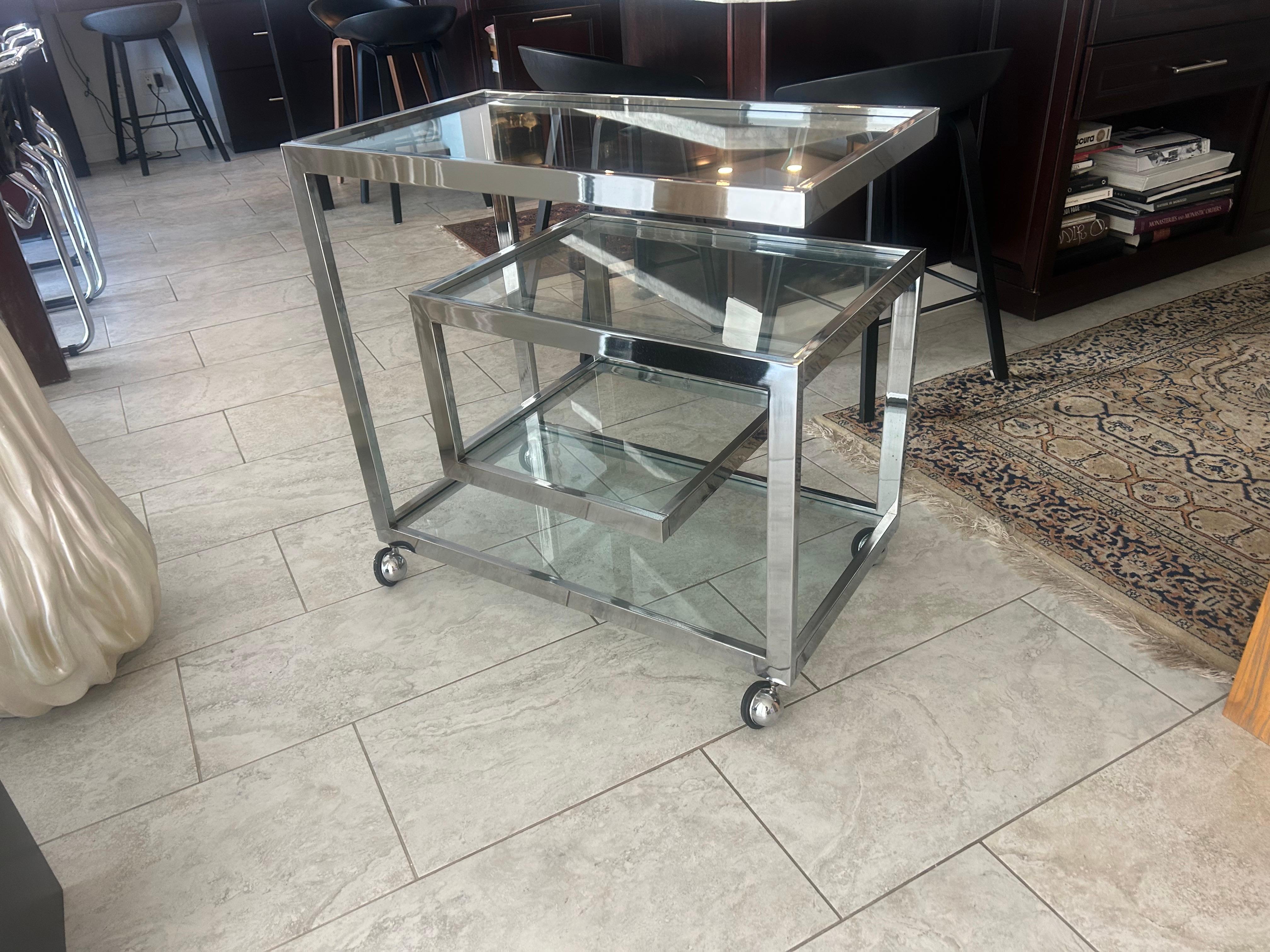 Greek key chromed  steel bar  cart after Milo Baughman For Sale 2