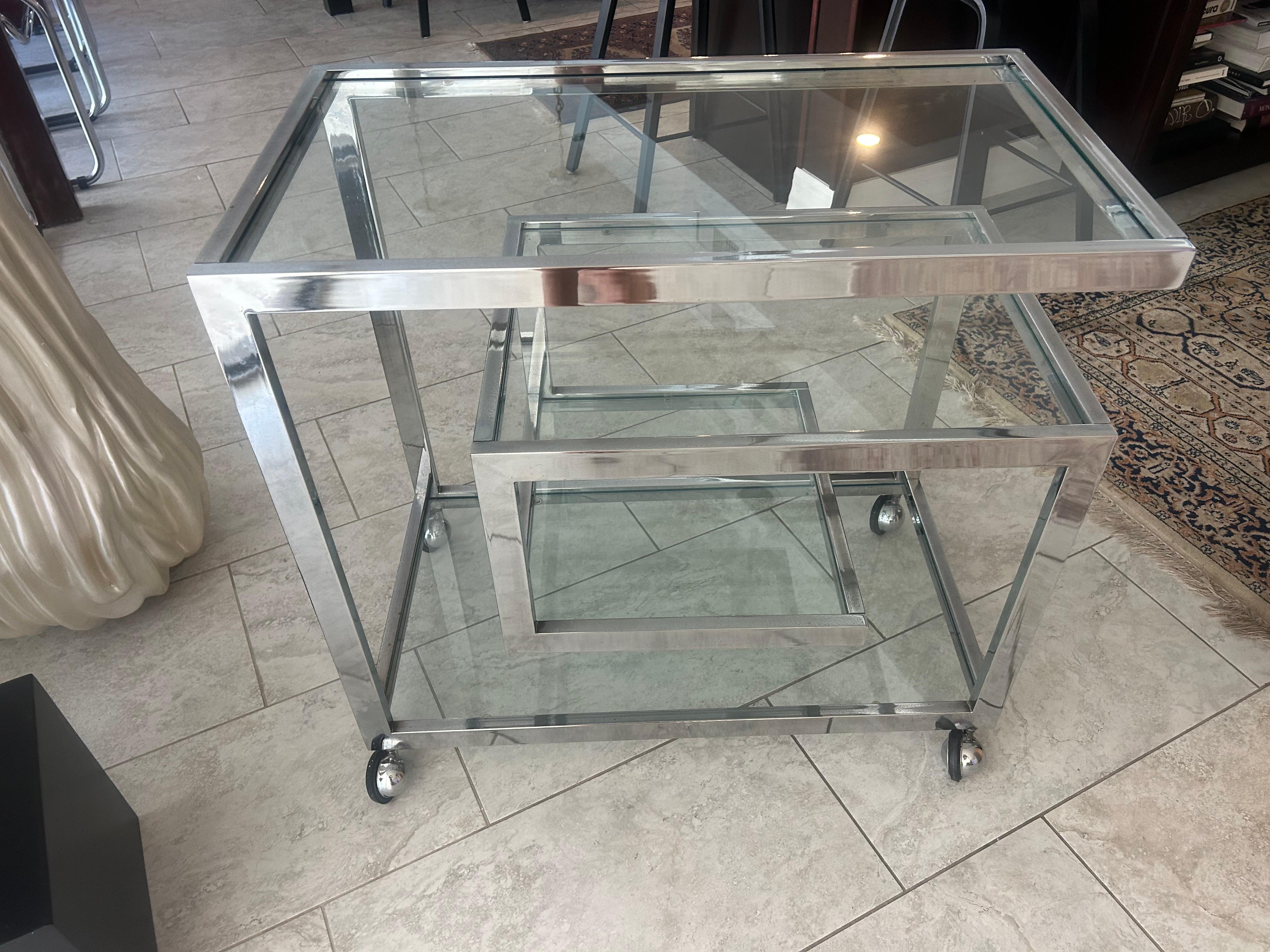 Greek key chromed  steel bar  cart after Milo Baughman For Sale 3