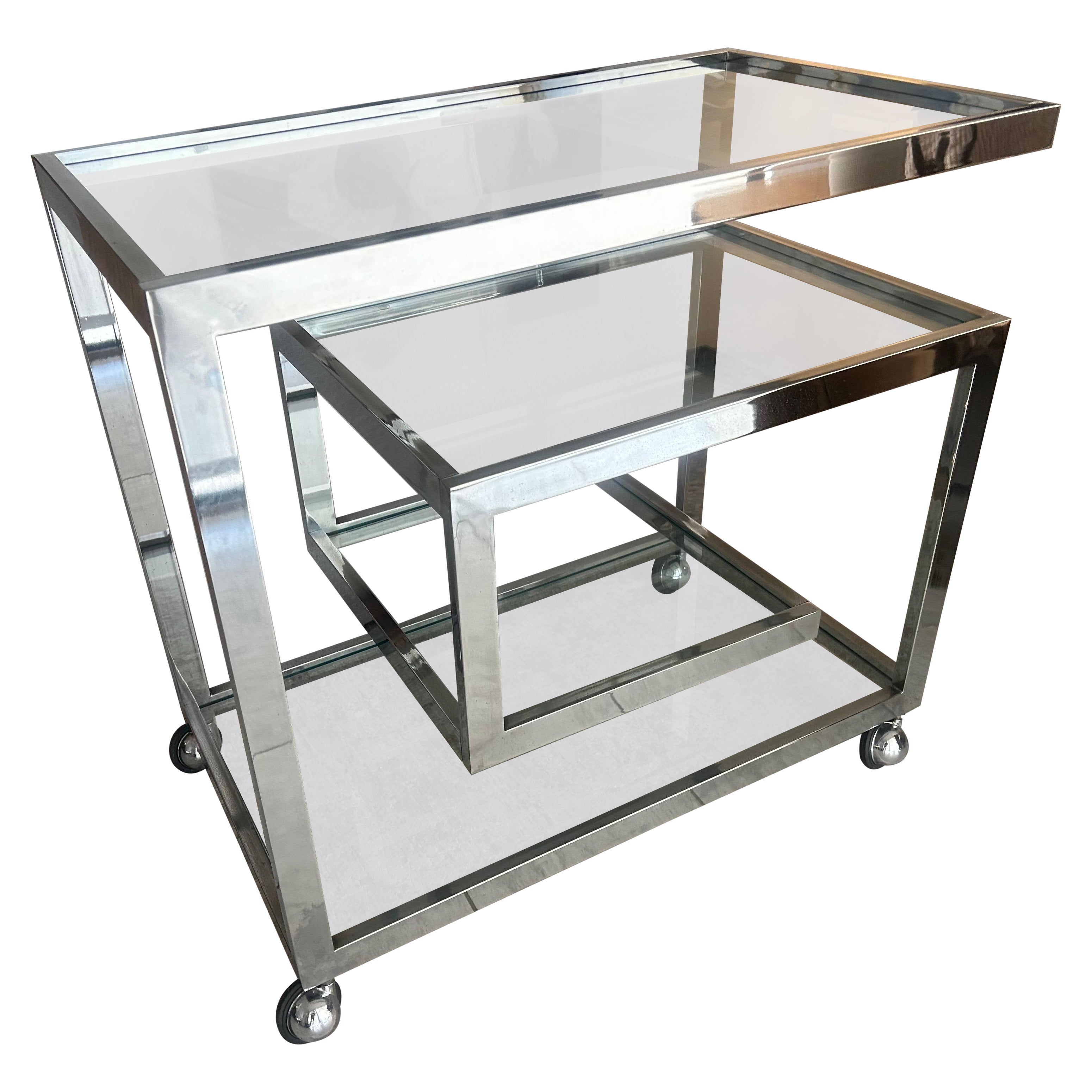 Greek key chromed  steel bar  cart after Milo Baughman im Angebot
