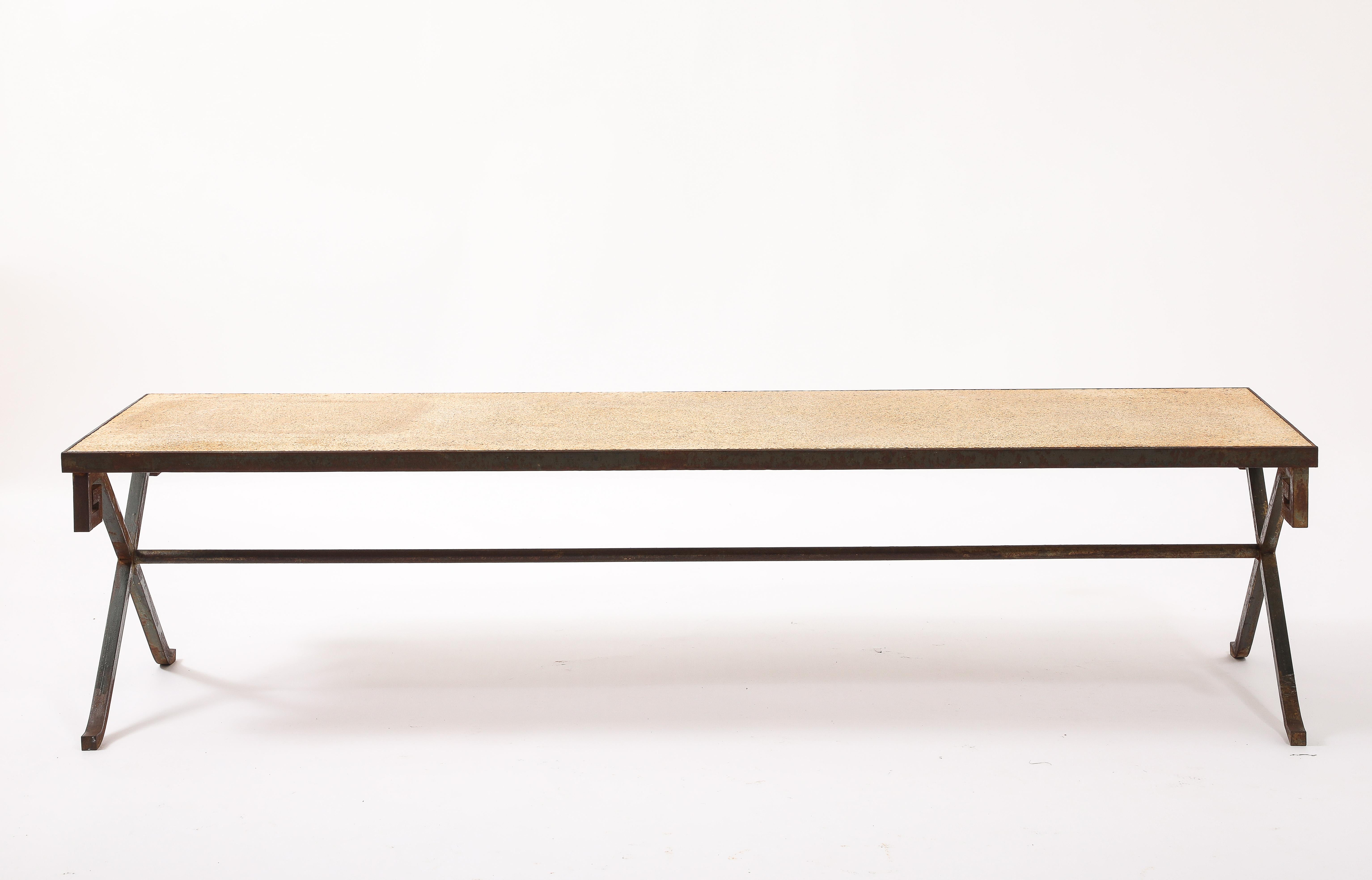 Unusually long Wrought Iron Greek Key coffee table with a terrazzo top