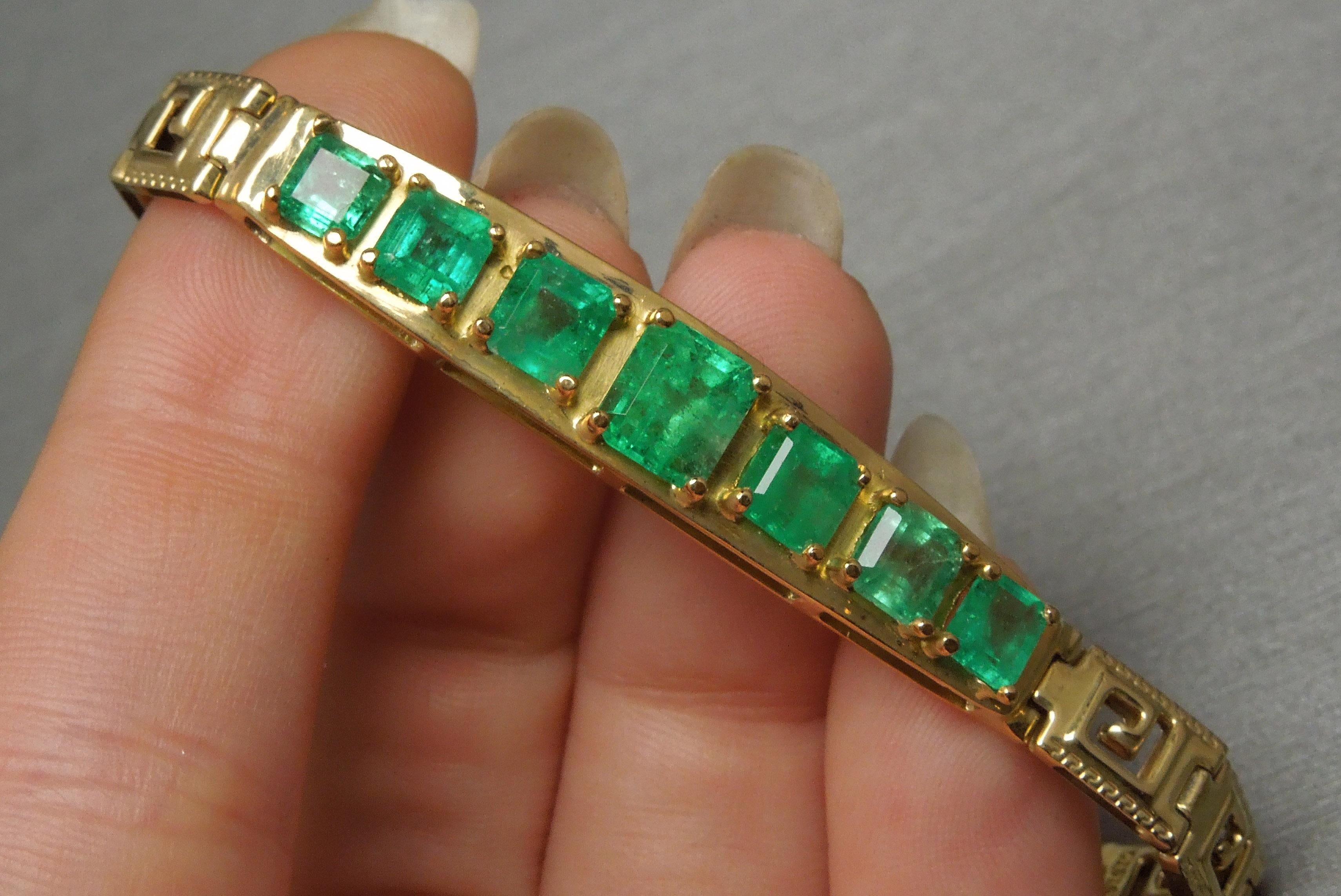 Square Cut Greek Key Colombian Emerald Bracelet For Sale