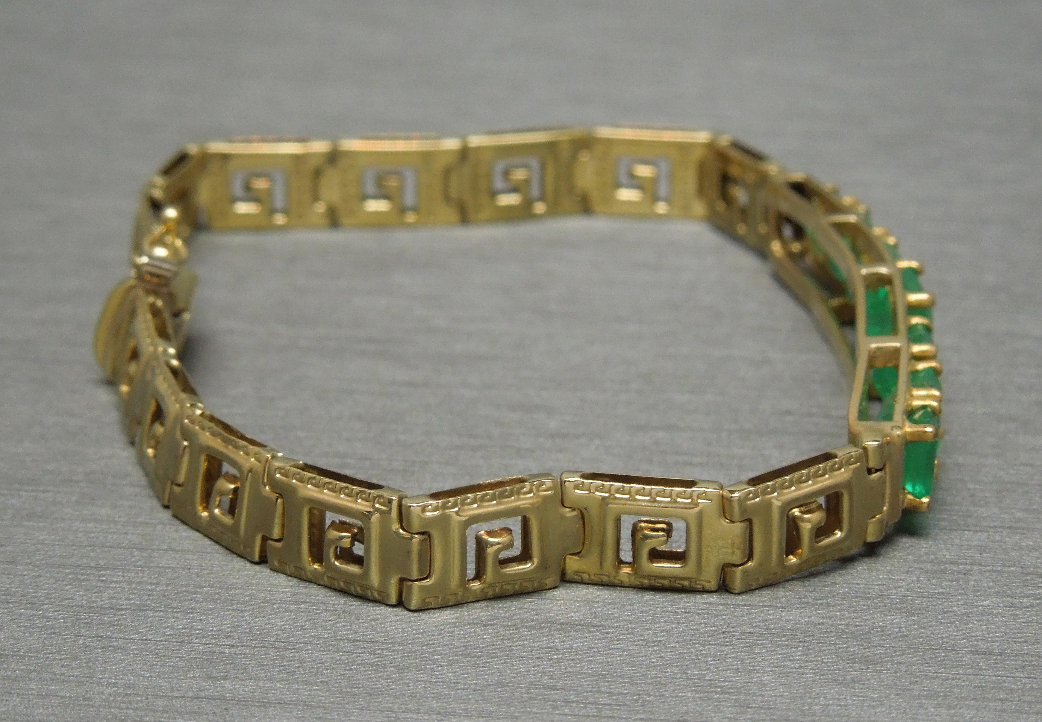 Women's or Men's Greek Key Colombian Emerald Bracelet For Sale