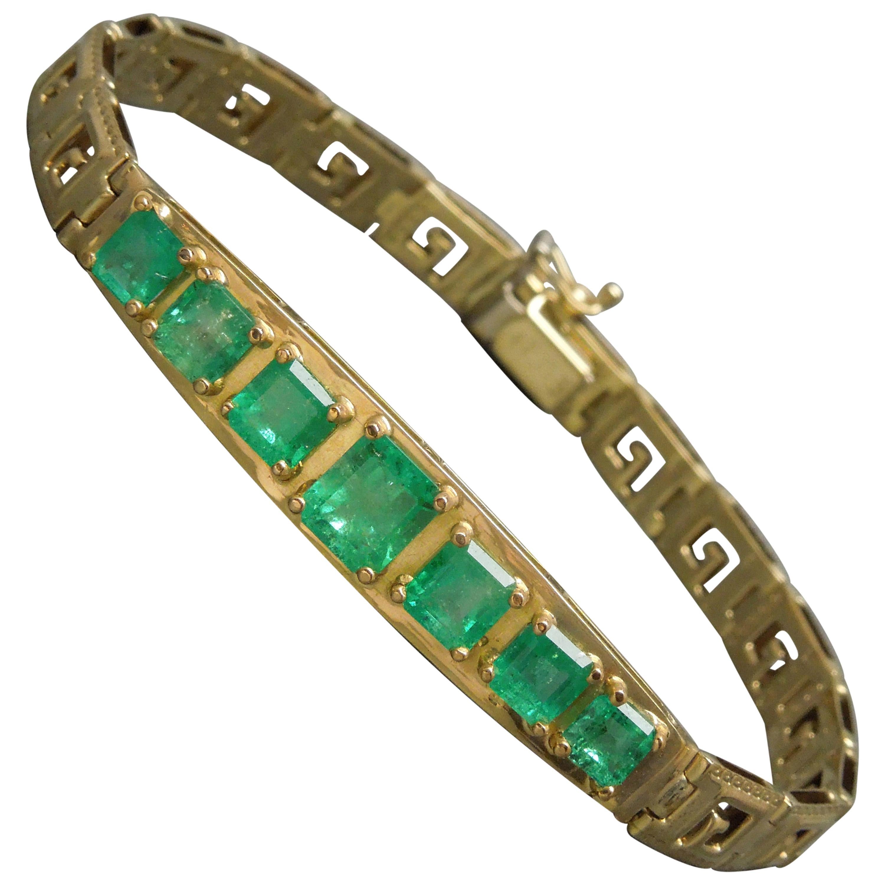 Greek Key Colombian Emerald Bracelet For Sale