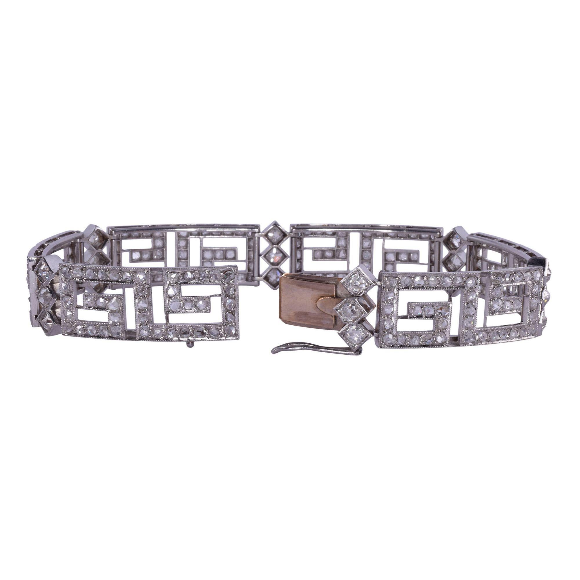 Pulsera de platino con diseño de llave griega y diamantes antiguos Talla antigua en venta