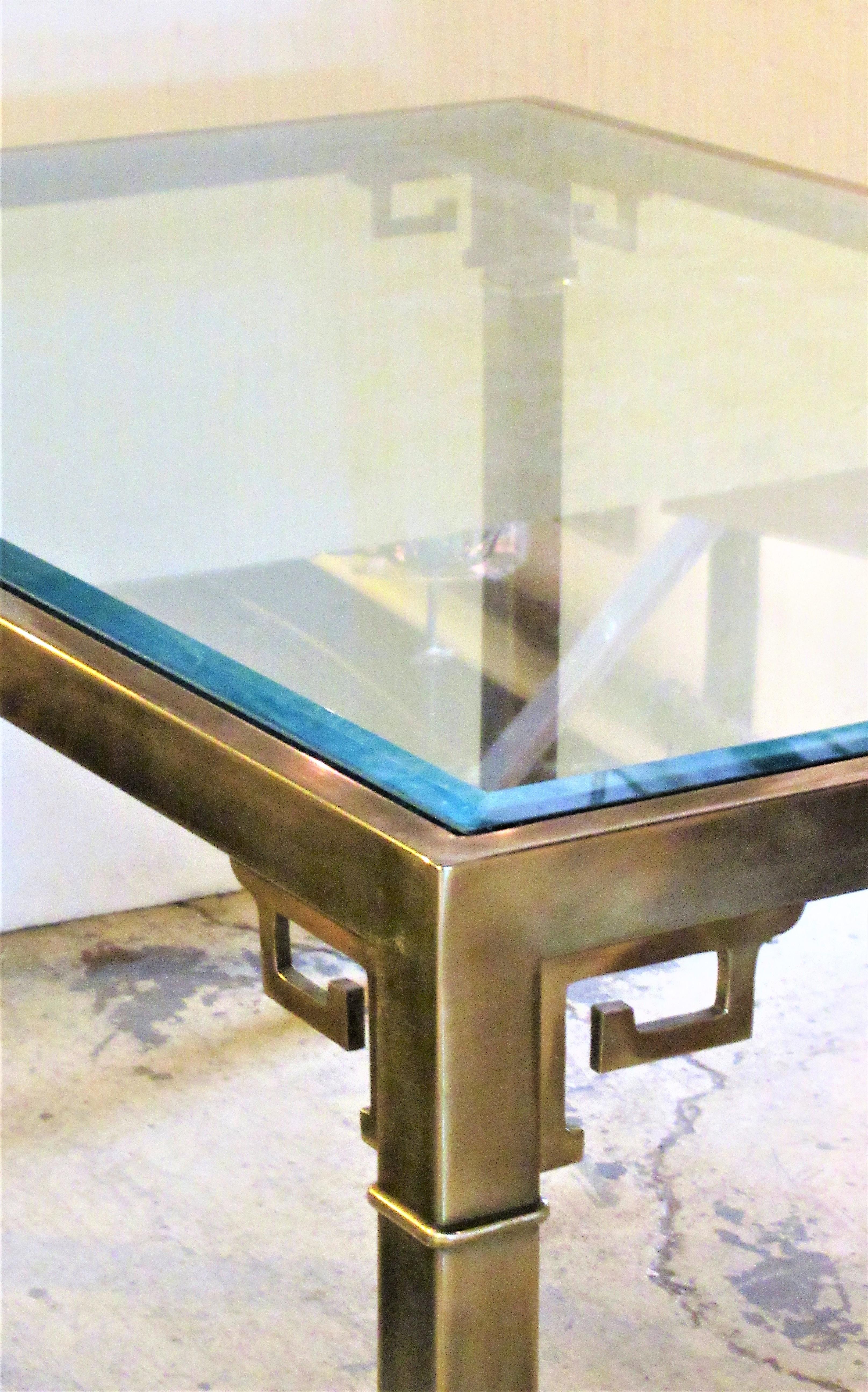 Glass Greek Key Design Brass Dining Table by Mastercraft