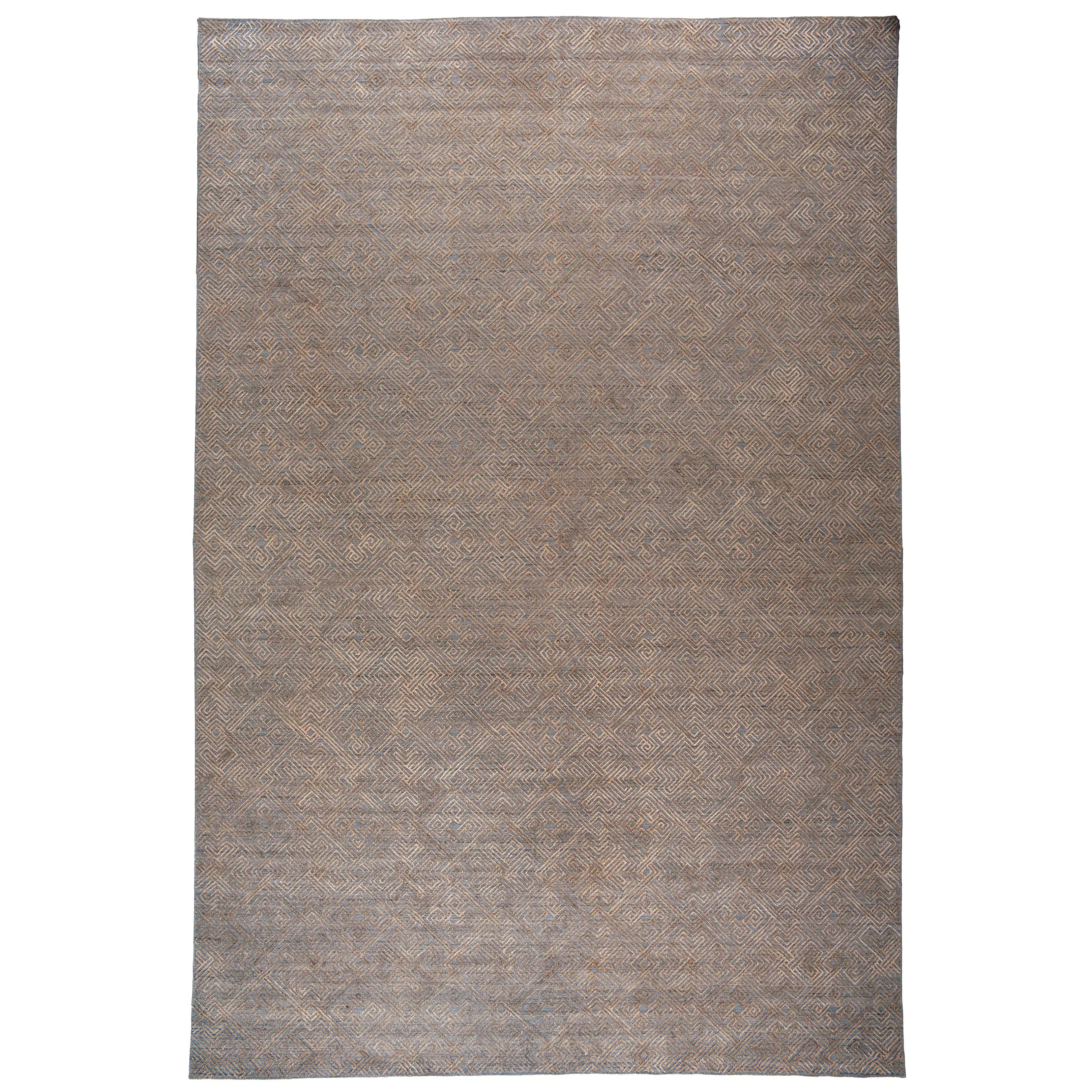 Greek Key Design High Low Rug in Gold Charcoal For Sale