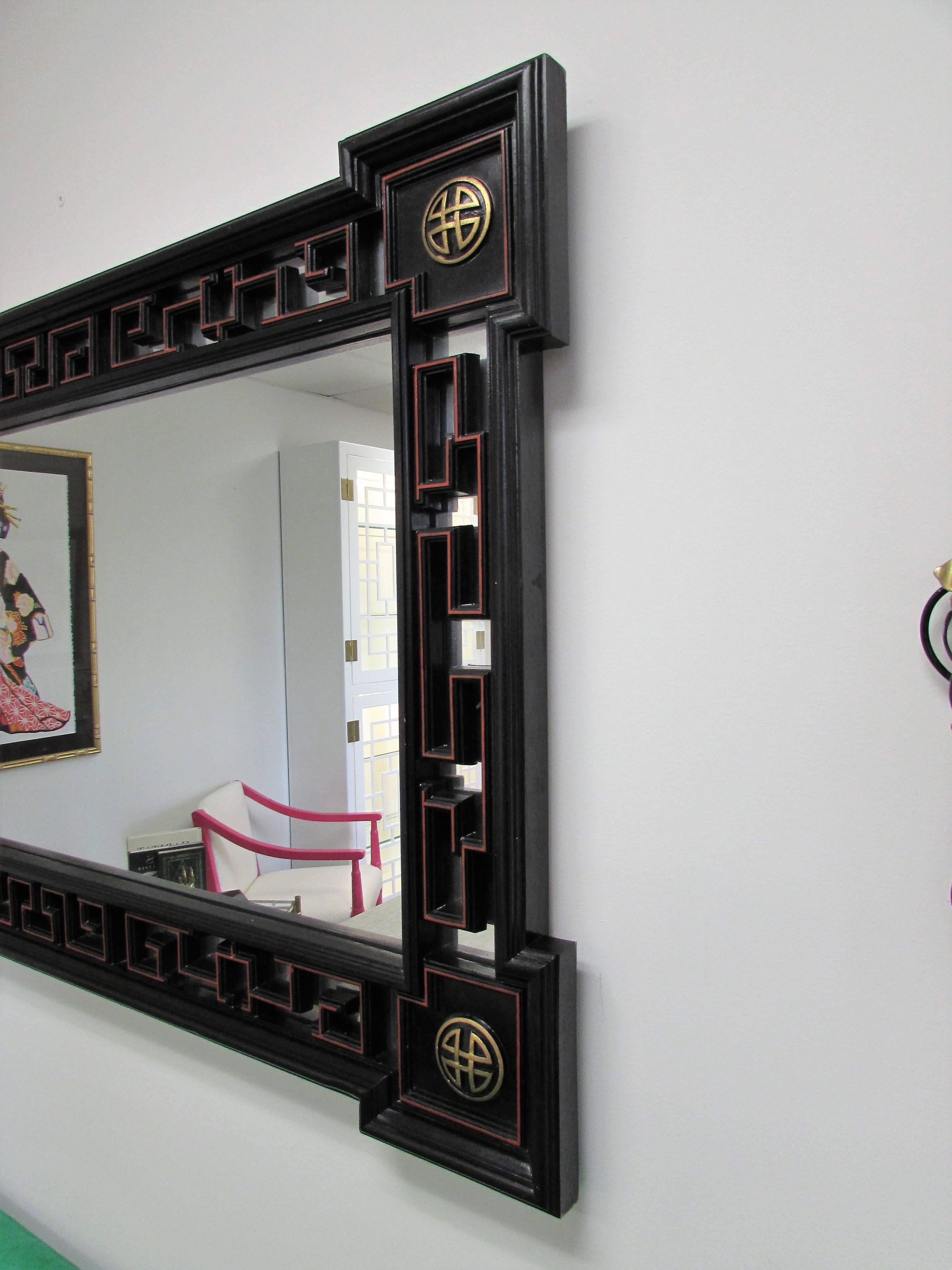 American Greek Key Ebonized Chinoiserie Mirror For Sale
