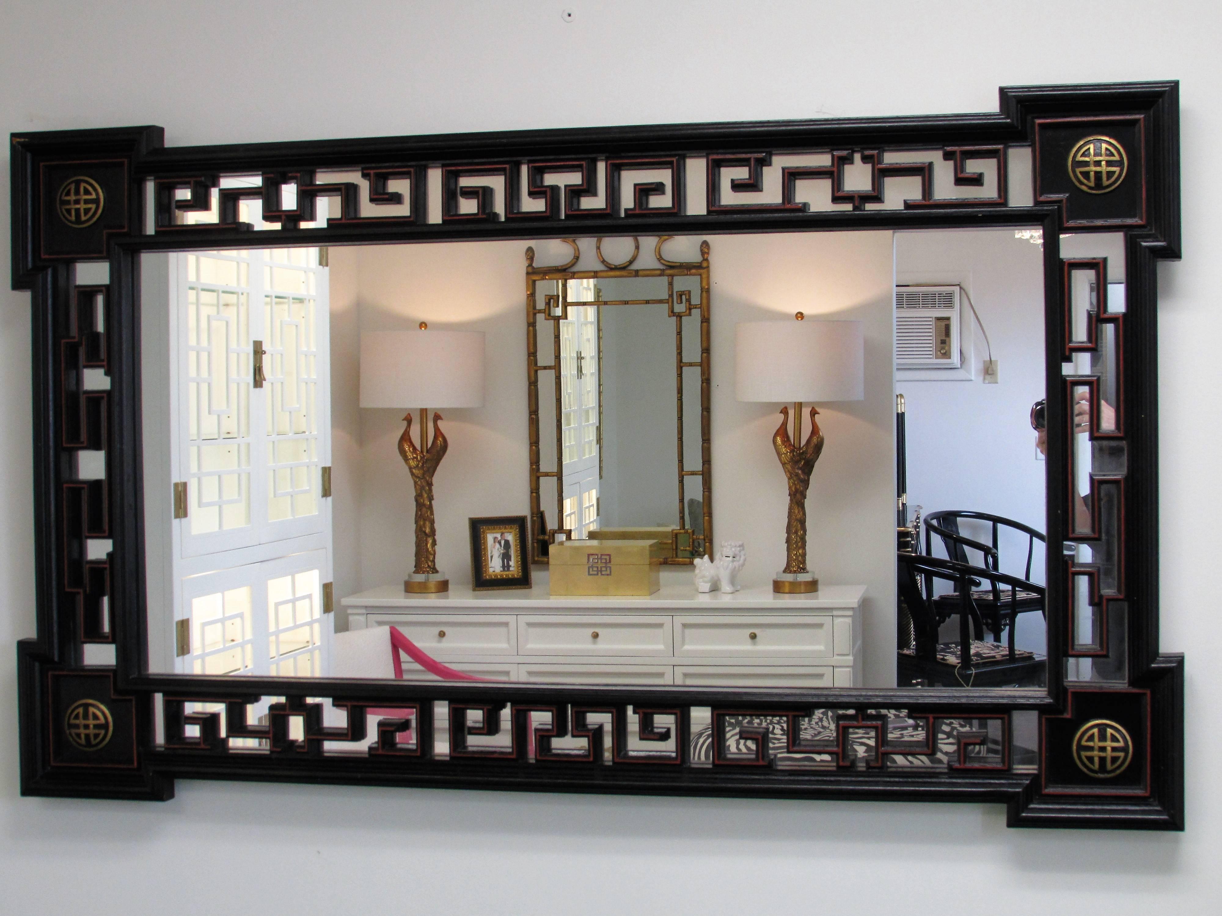 Greek Key Ebonized Chinoiserie Mirror In Excellent Condition For Sale In Raleigh, NC