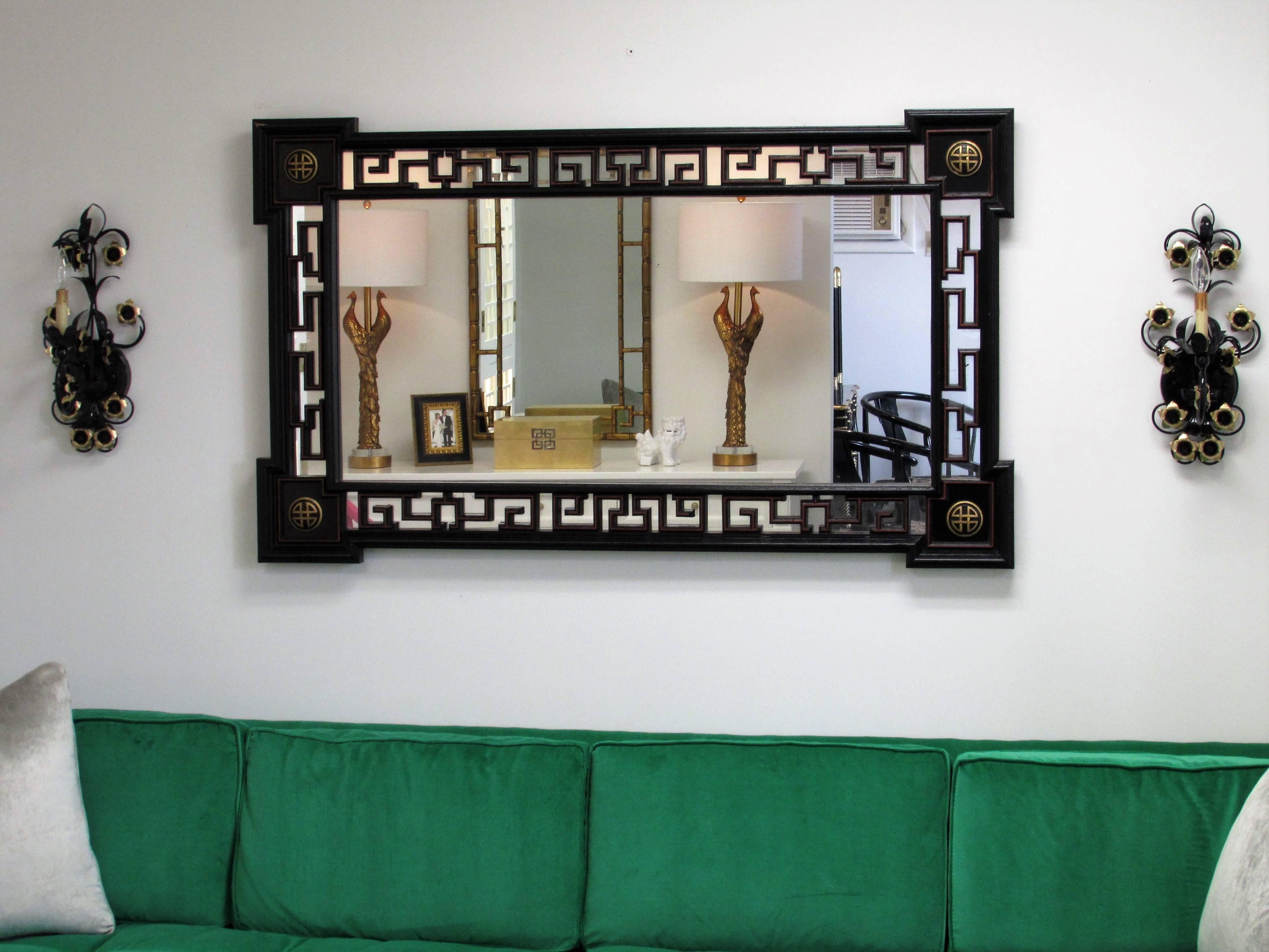20th Century Greek Key Ebonized Chinoiserie Mirror For Sale