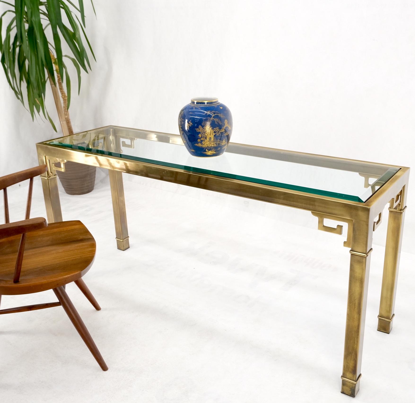 Greek Key Glass Top Mastercraft Solid Square Brass Profile Console Sofa Table 4