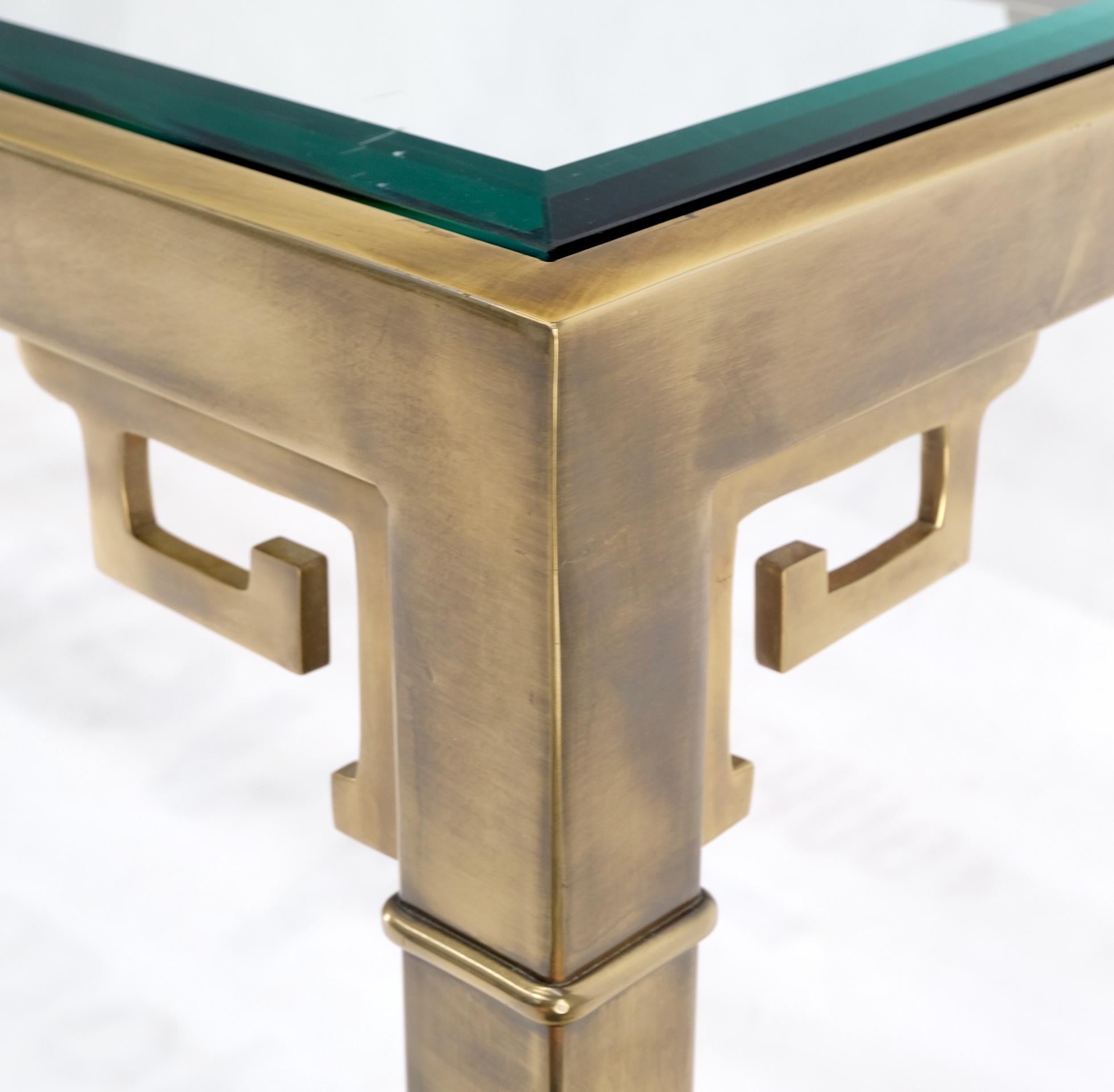Greek key glass top mastercraft solid square brass profile console sofa table.