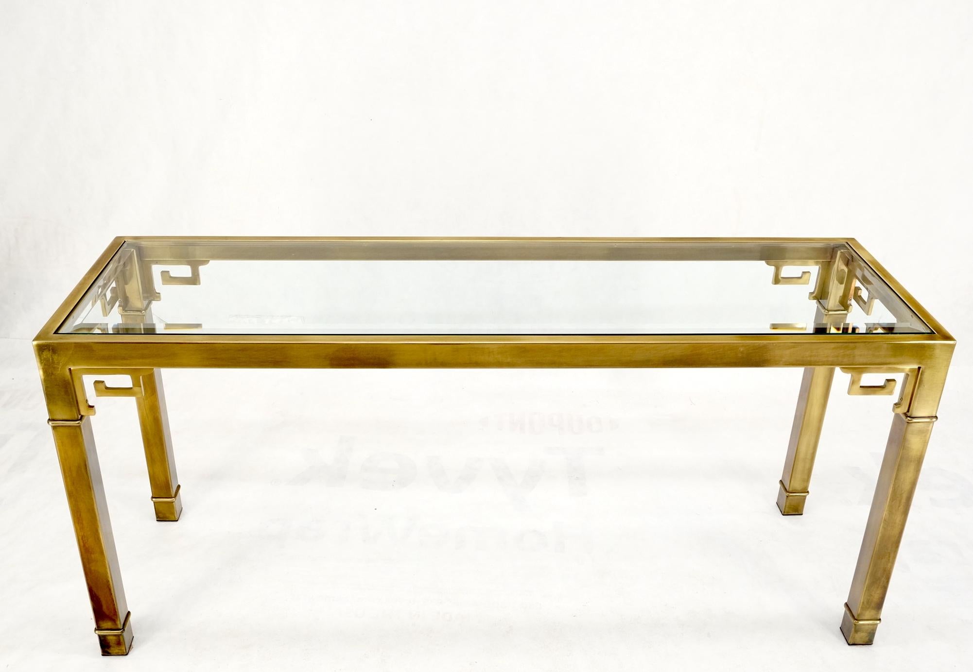 Greek Key Glass Top Mastercraft Solid Square Brass Profile Console Sofa Table 1