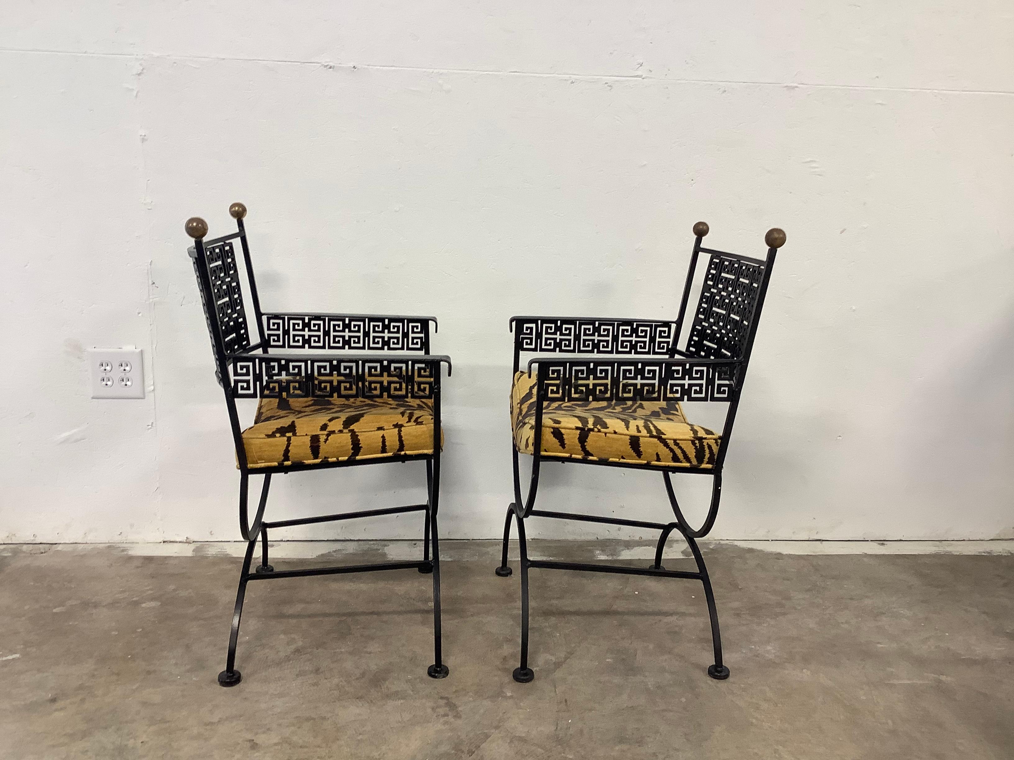 I love Greek key! Classic styling, in this pair of iron armchairs with Greek key motif. Sit very comfortably, and are very stylish! Newly painted, in a black satin. The seats ( curved slightly) have been newly upholstered in Braemore’s version of a
