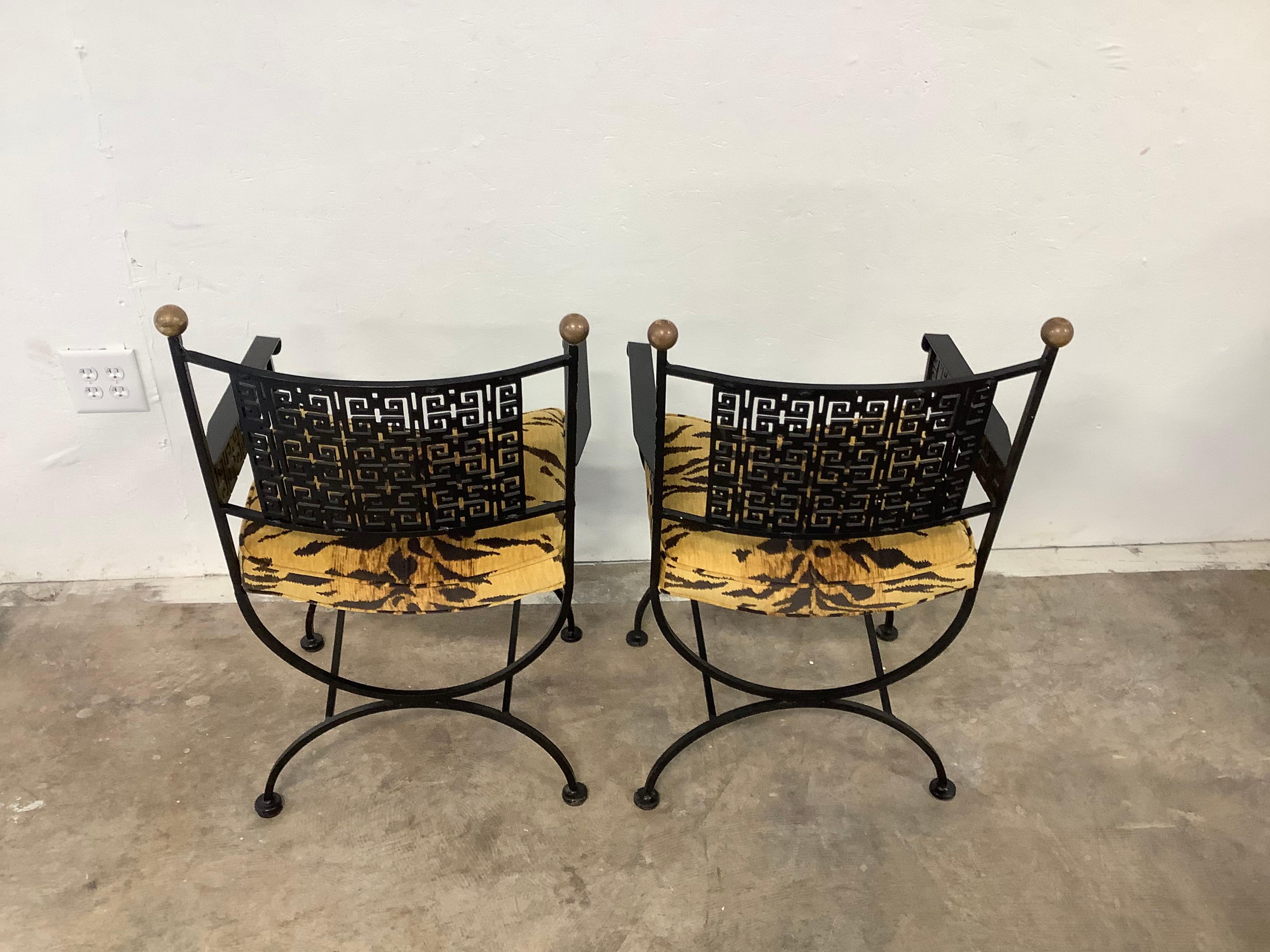 Campaign Greek Key Iron Arm Chairs, a Pair For Sale