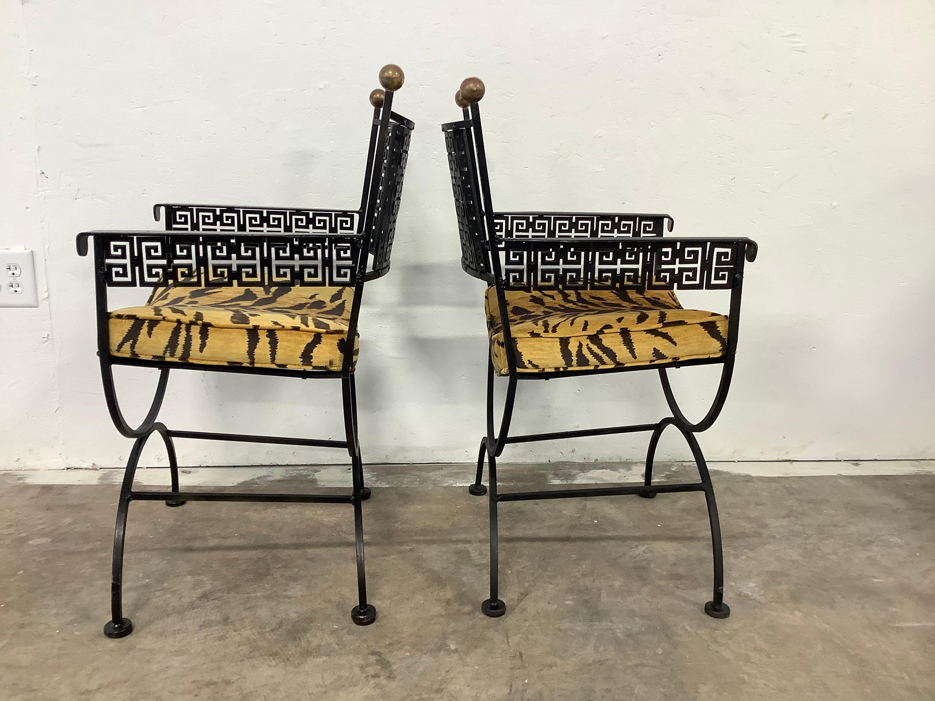 Late 20th Century Greek Key Iron Arm Chairs, a Pair For Sale