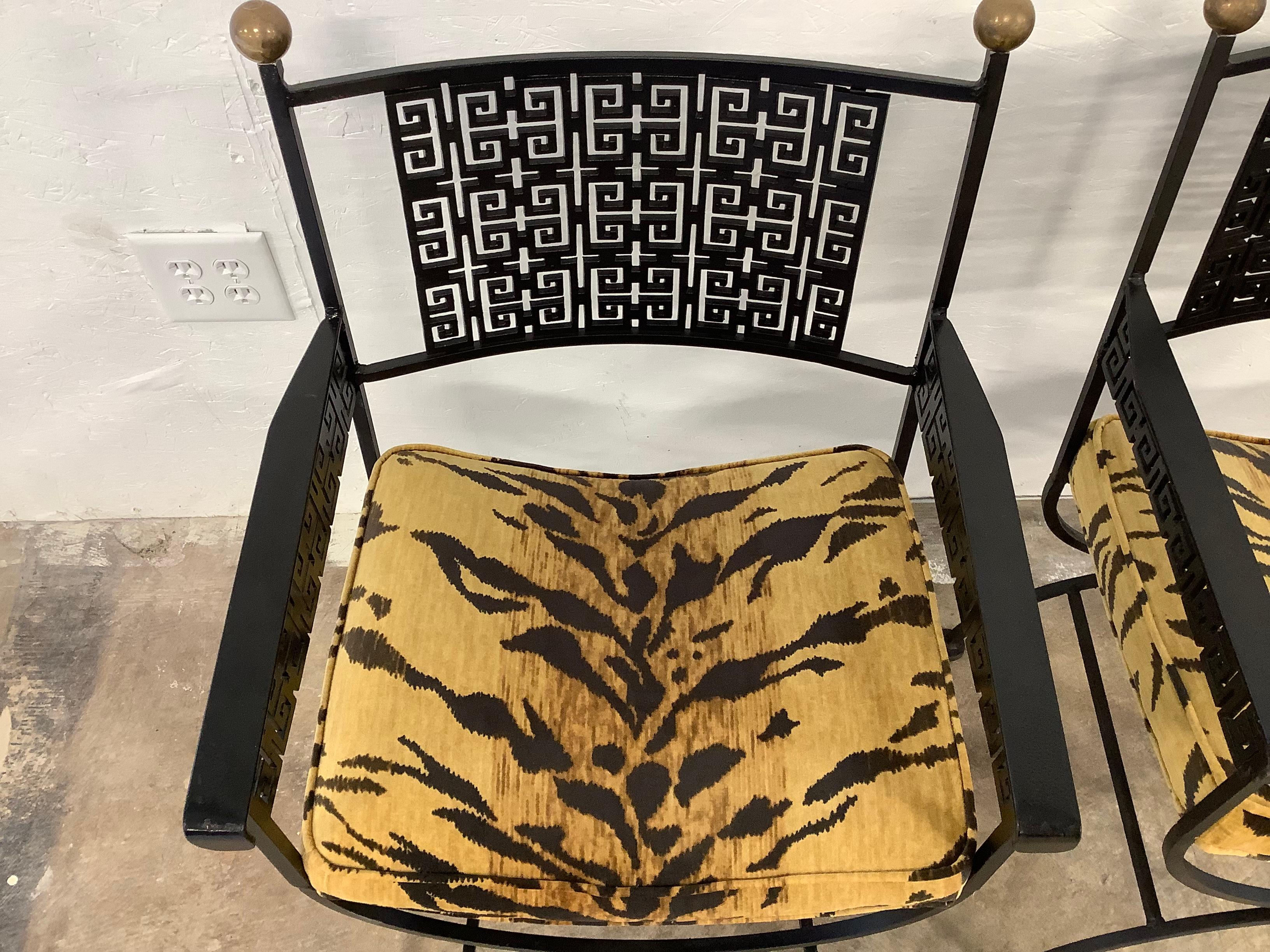 Fabric Greek Key Iron Arm Chairs, a Pair