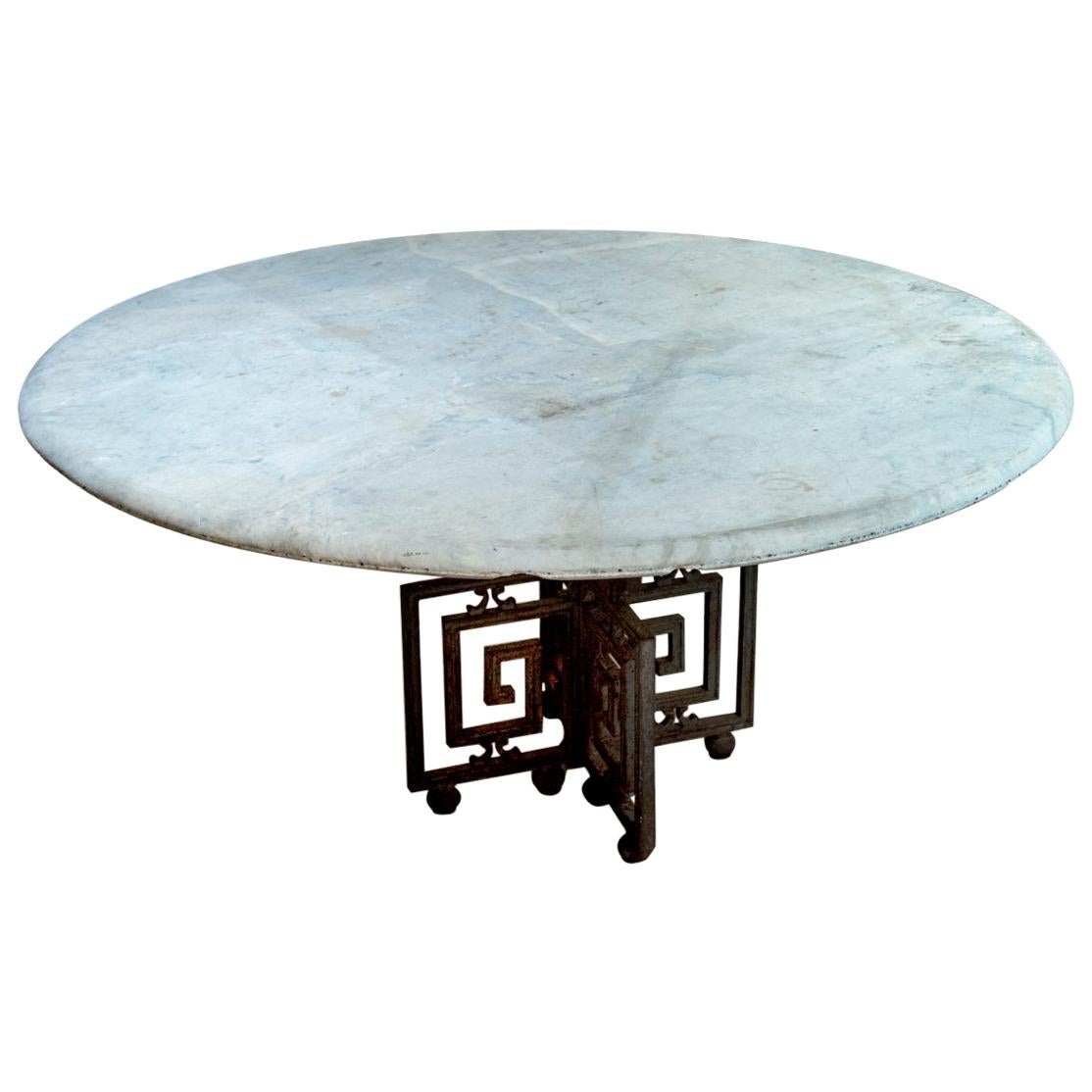 Greek Key Iron Base Marble-Top Table