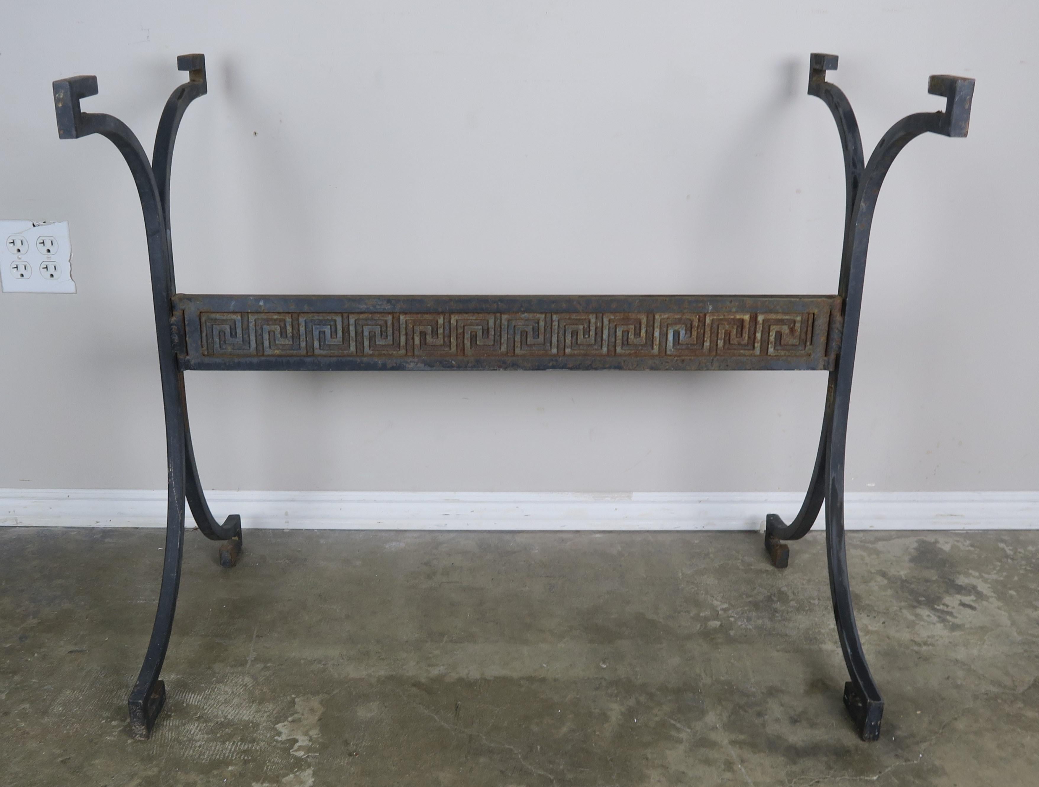 Greek Key Iron and Marble Bistro Table, circa 1940s In Distressed Condition In Los Angeles, CA