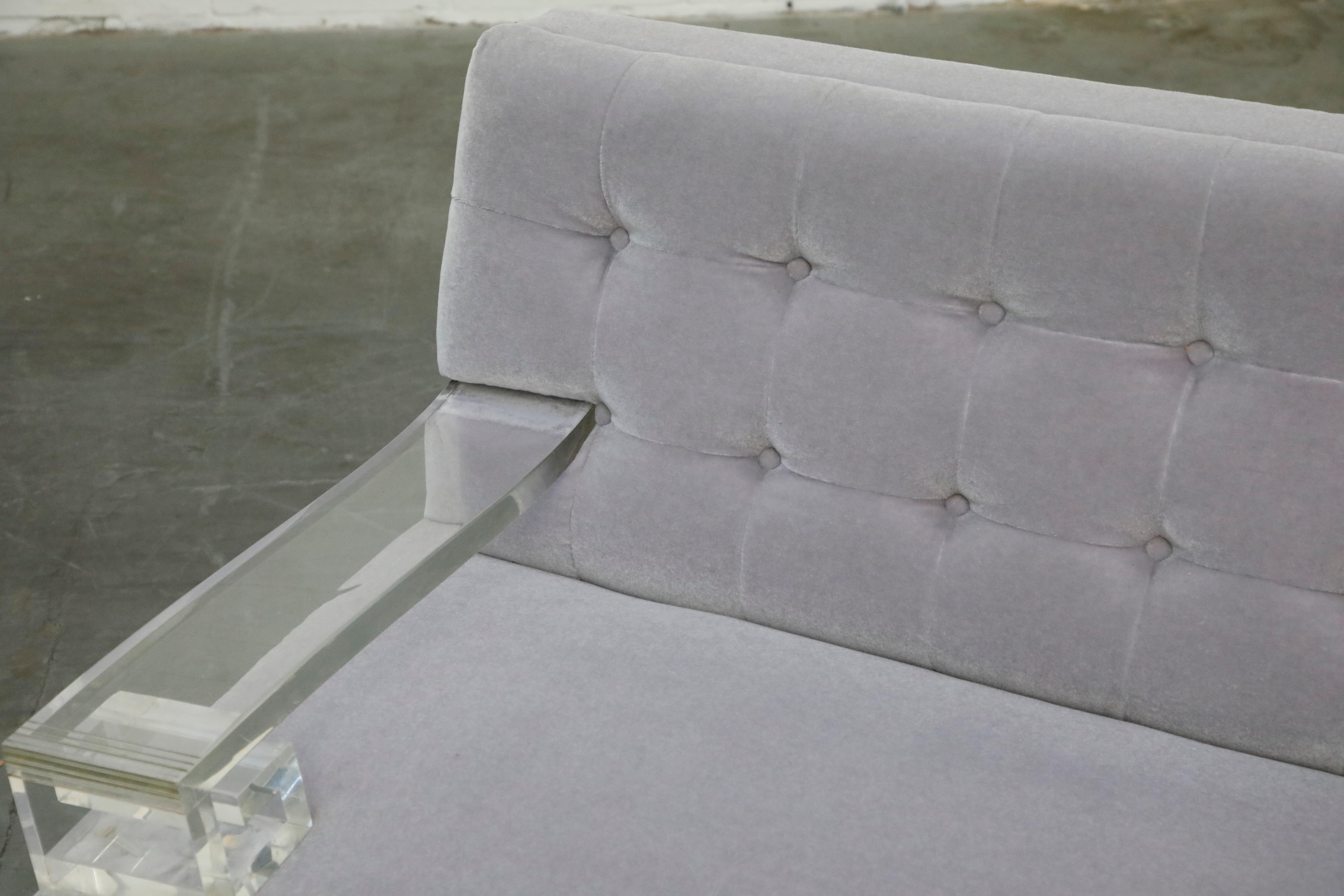 Greek Key Lucite and Lavender Mohair Loveseat / Club Chairs, circa 1960 3