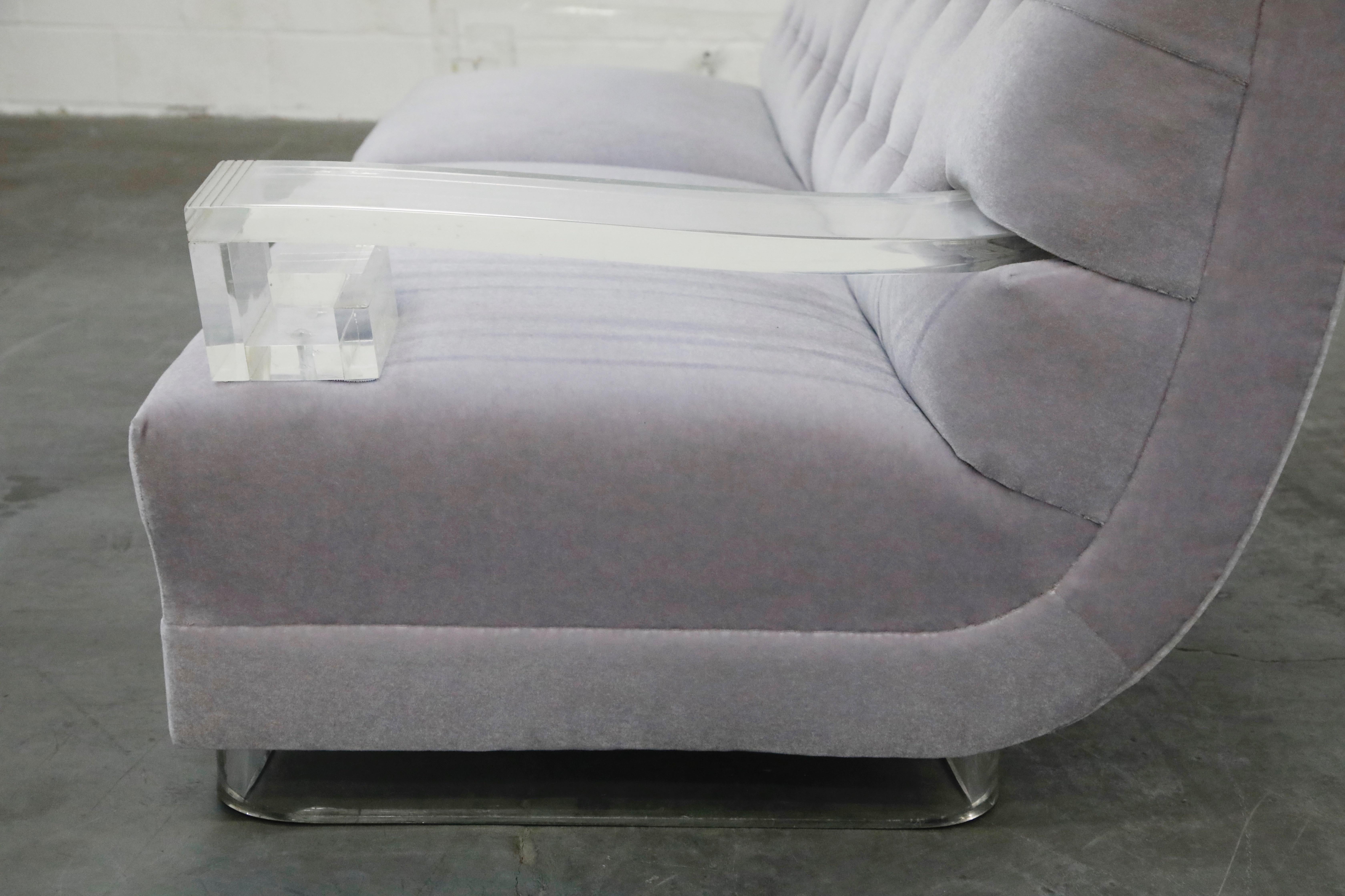 Greek Key Lucite and Lavender Mohair Loveseat / Club Chairs, circa 1960 6