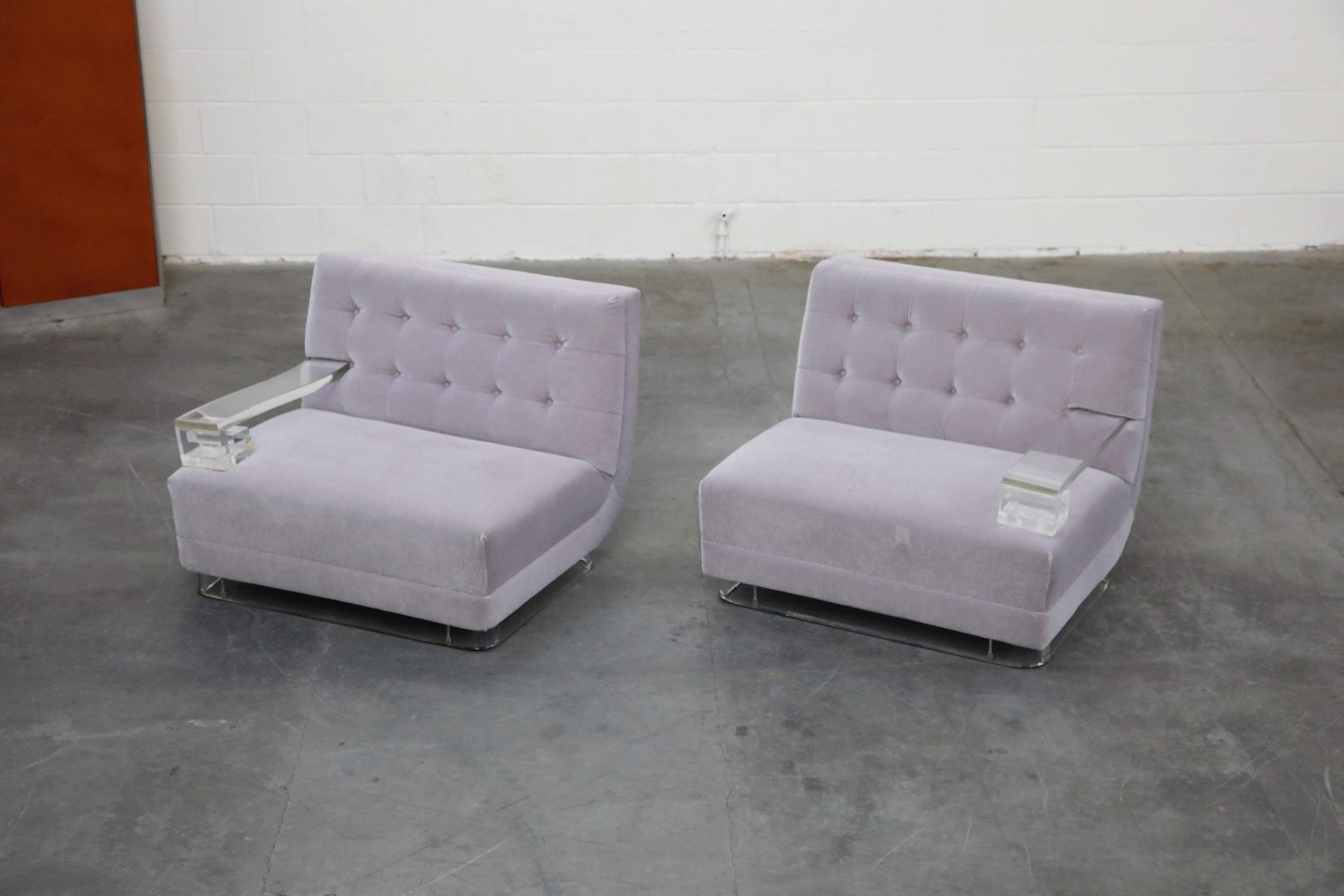 Hollywood Regency Greek Key Lucite and Lavender Mohair Loveseat / Club Chairs, circa 1960