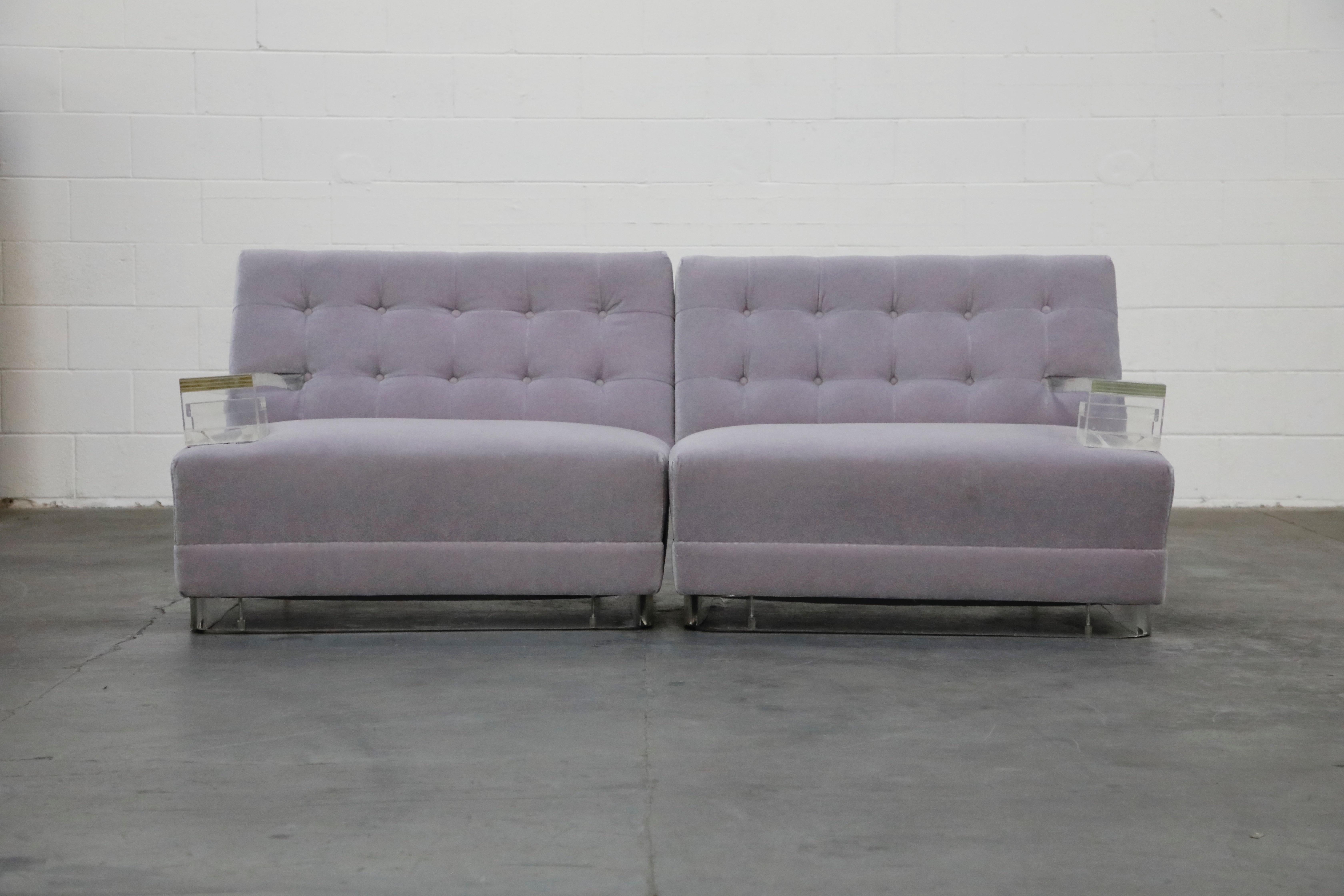 Greek Key Lucite and Lavender Mohair Loveseat / Club Chairs, circa 1960 In Good Condition In Los Angeles, CA
