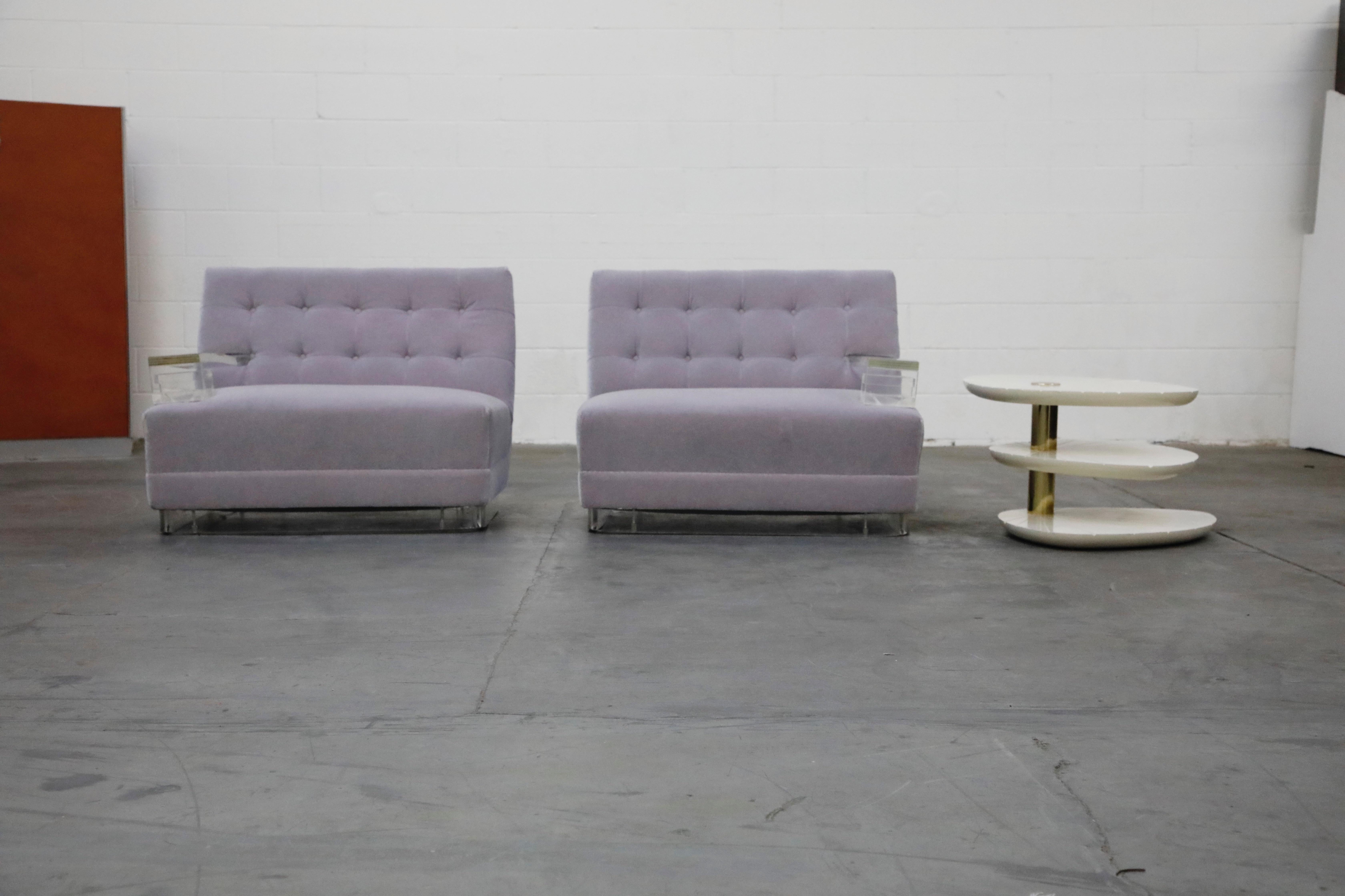 Mid-20th Century Greek Key Lucite and Lavender Mohair Loveseat / Club Chairs, circa 1960