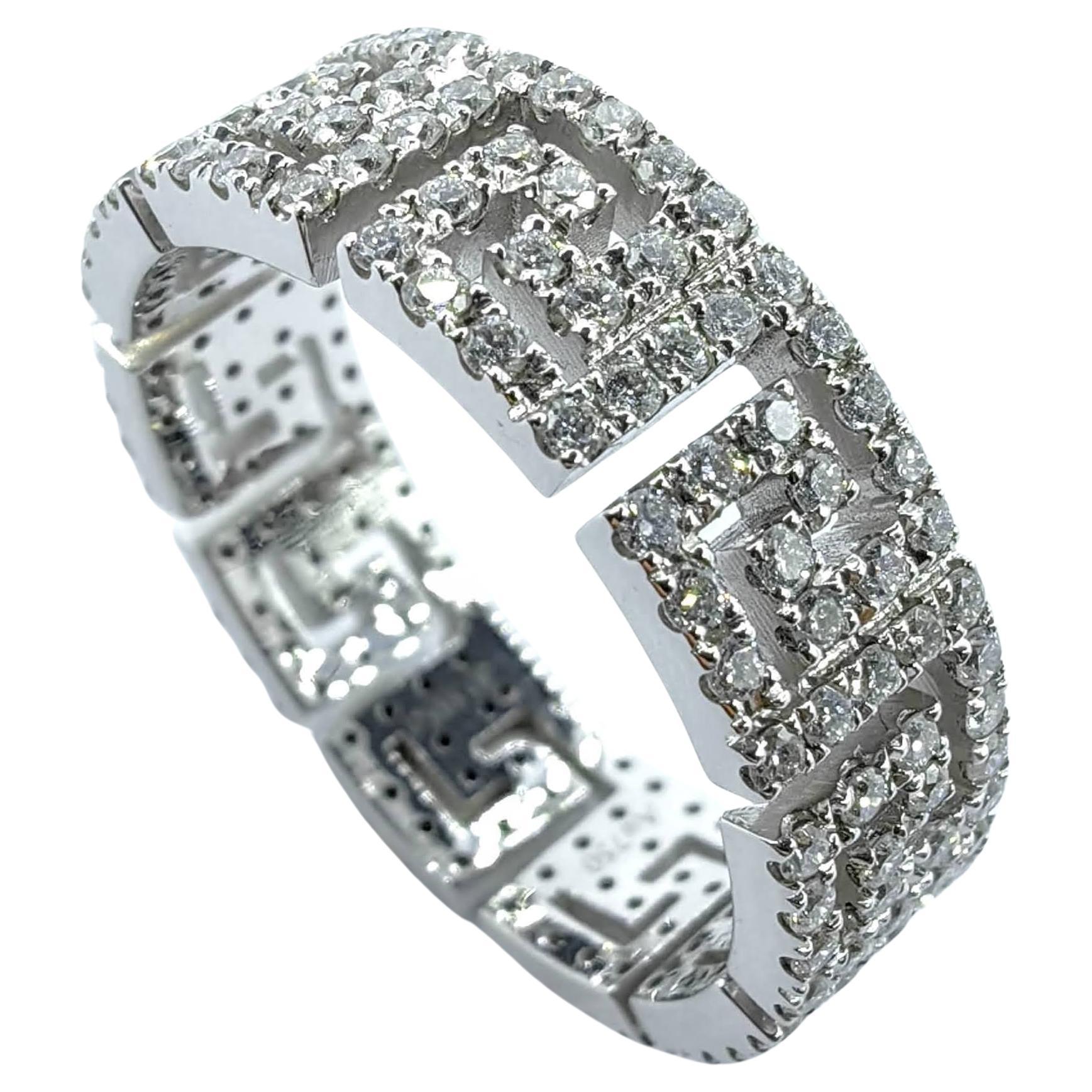 Make a bold and timeless statement with this stunning Greek Key Geometric Design Diamond Eternity Band, expertly crafted in 18K solid white gold. Featuring a captivating geometric maze motif, this ring embodies the spirit of strength and