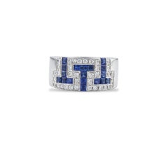 Greek Key Meander Ring in 18Kt White Gold with Square Cut Sapphires and Diamonds