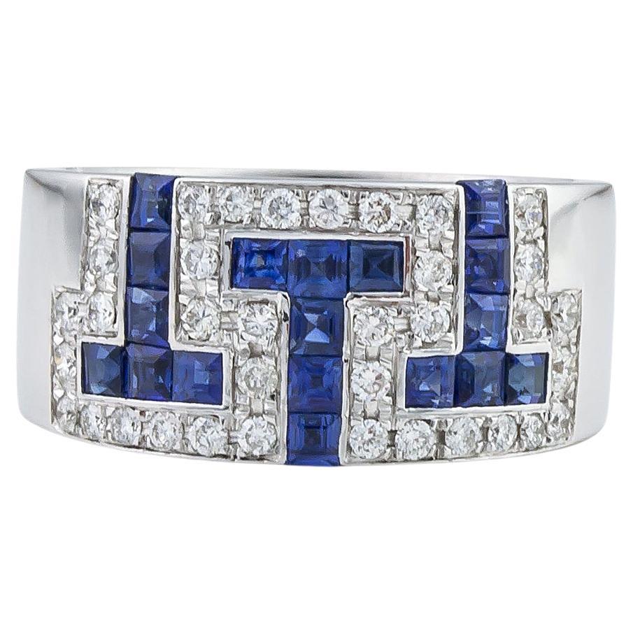 Greek Key Meander Ring in 18Kt White Gold with Square Cut Sapphires and Diamonds