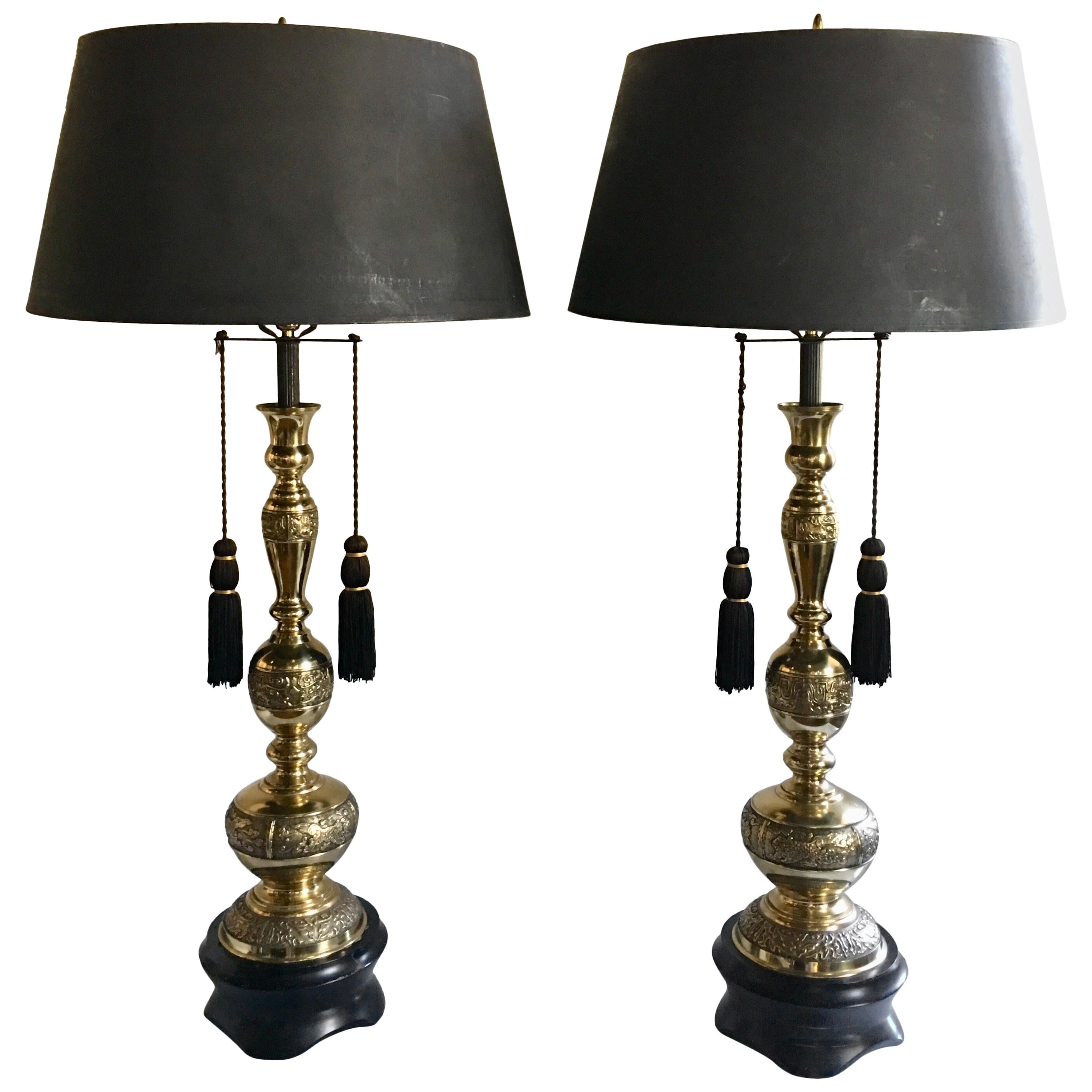 Greek Key Motif James Mont Style Mid-Century Modern Lamps, Pair