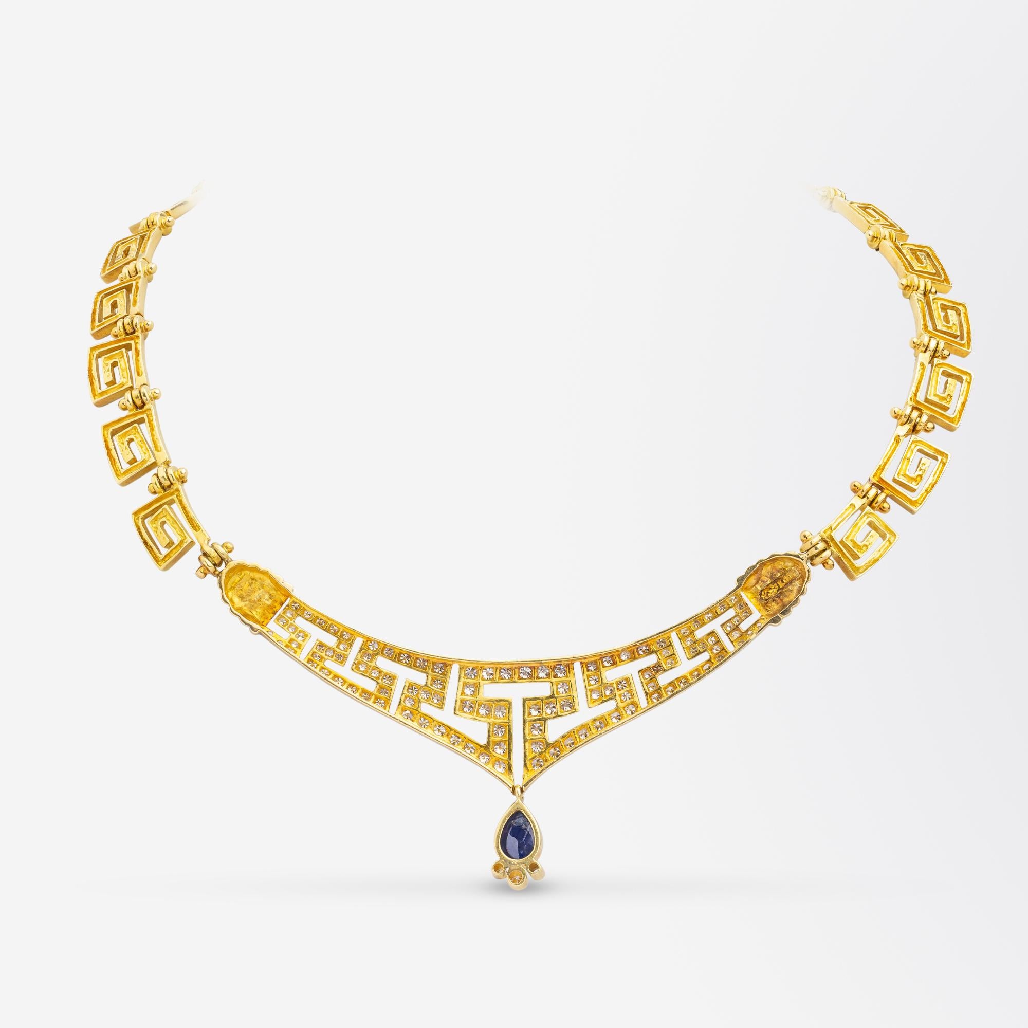 Modern Greek Key Necklet in 18 Karat Gold With Diamonds & a Central Sapphire