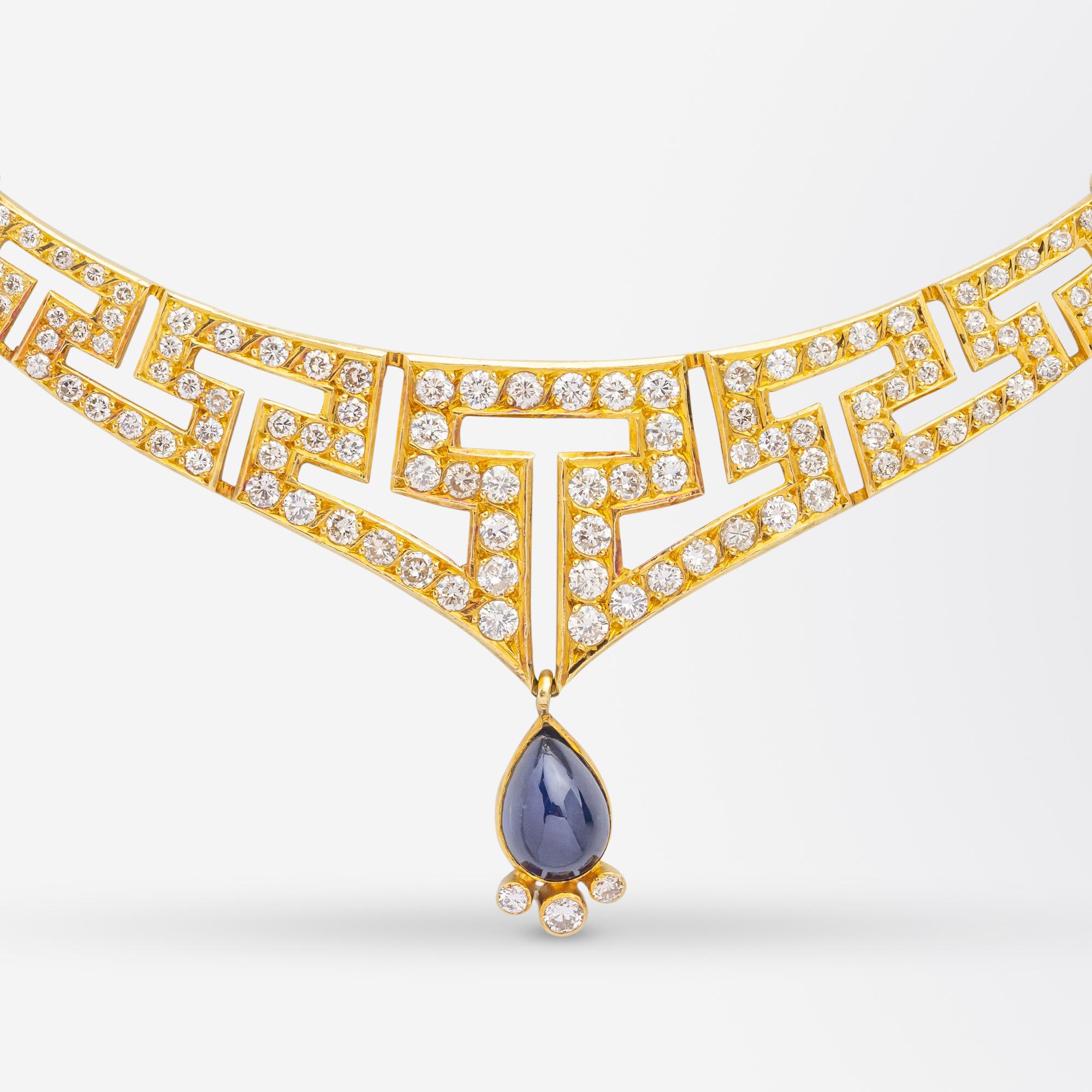 Brilliant Cut Greek Key Necklet in 18 Karat Gold With Diamonds & a Central Sapphire