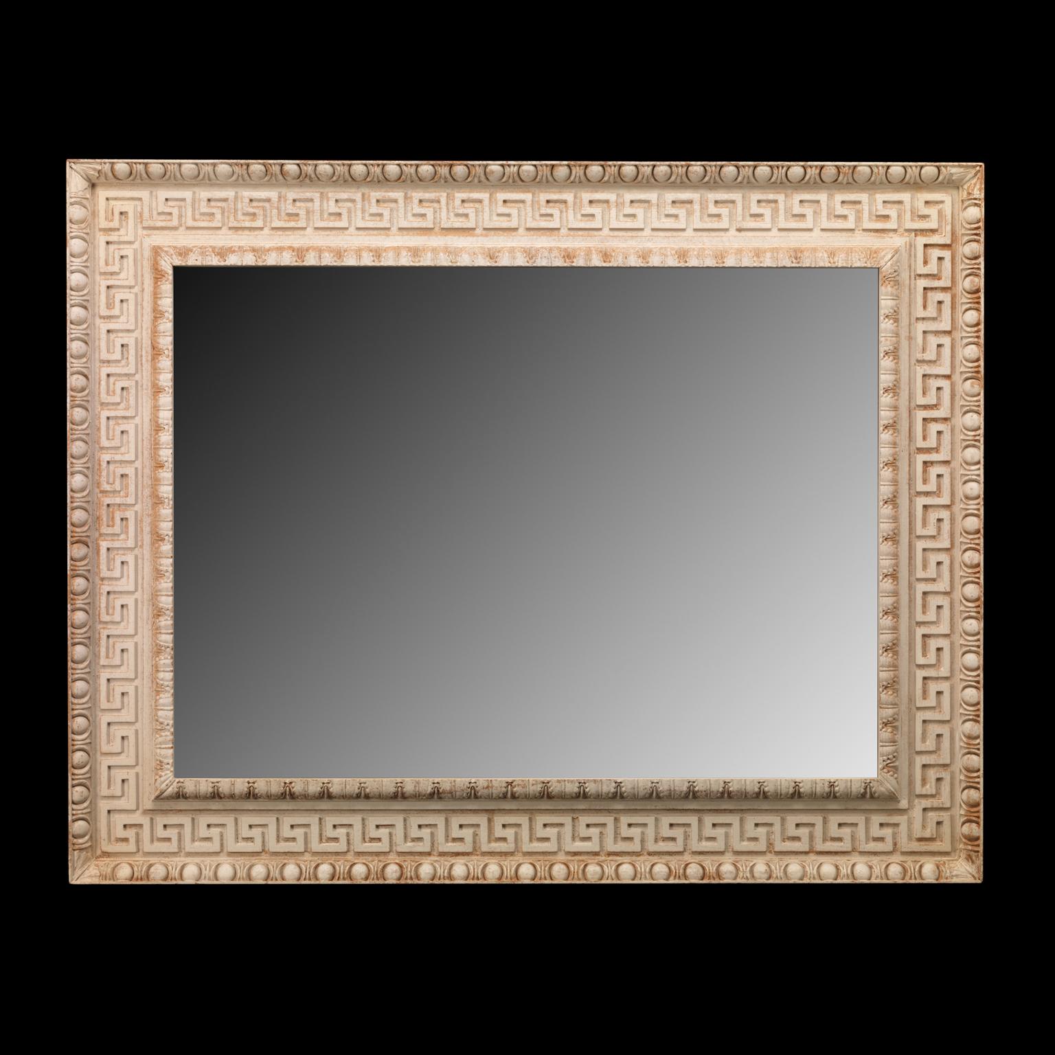 A pair of rectangular Greek key, egg and dart decorated classical Grand Tour inspired overmantel mirrors in an aged Gesso finish.

We are currently working to a 30-36 week lead time.