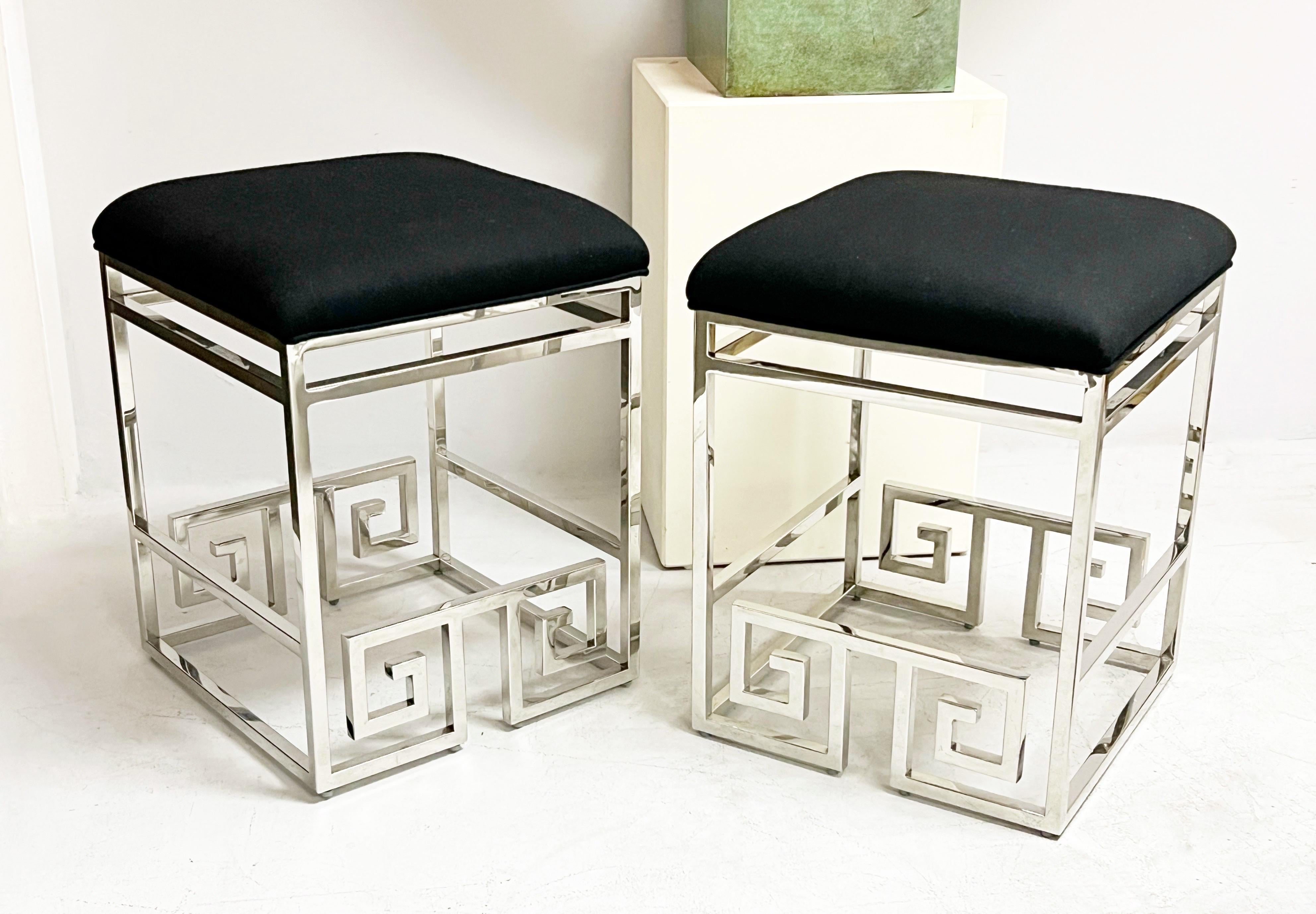 Pair of modern stools. Beautiful frames with Greek key pattern. 2 pairs available. 