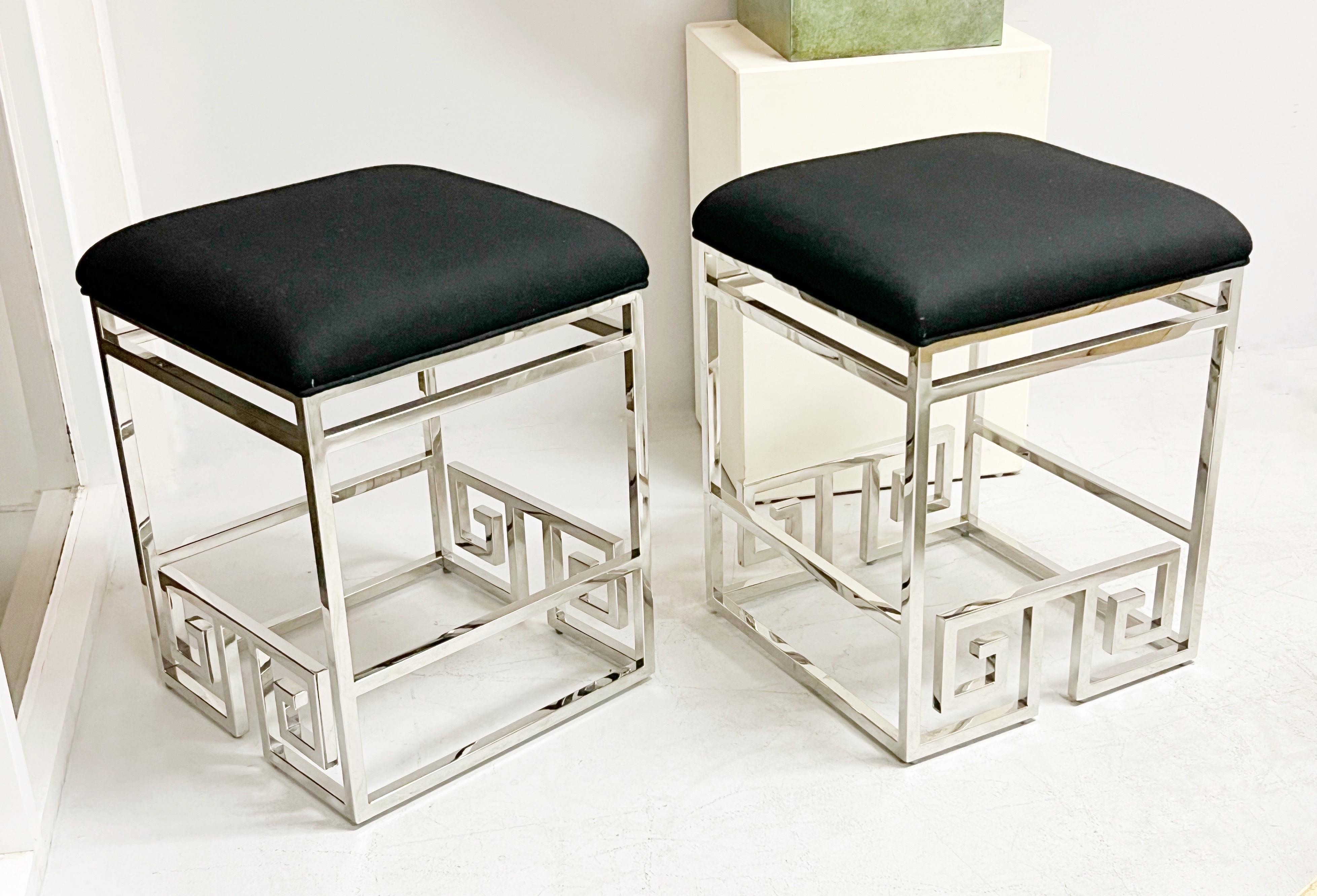 Greek Key Polished Nickel Pair of Stools Milo Baughman Style In Good Condition In Miami, FL