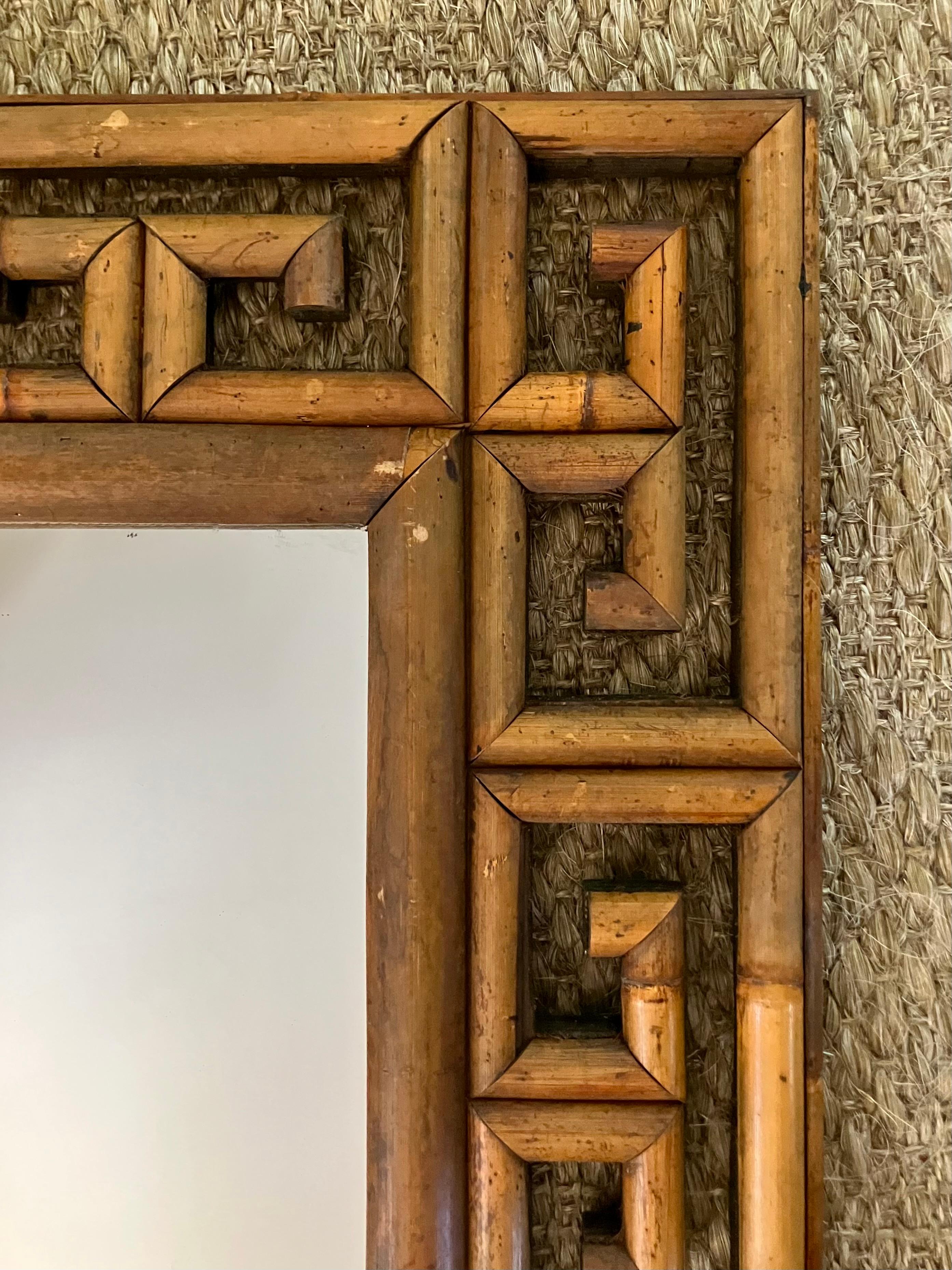 Mid-Century Modern Greek Key Rattan Mirror For Sale