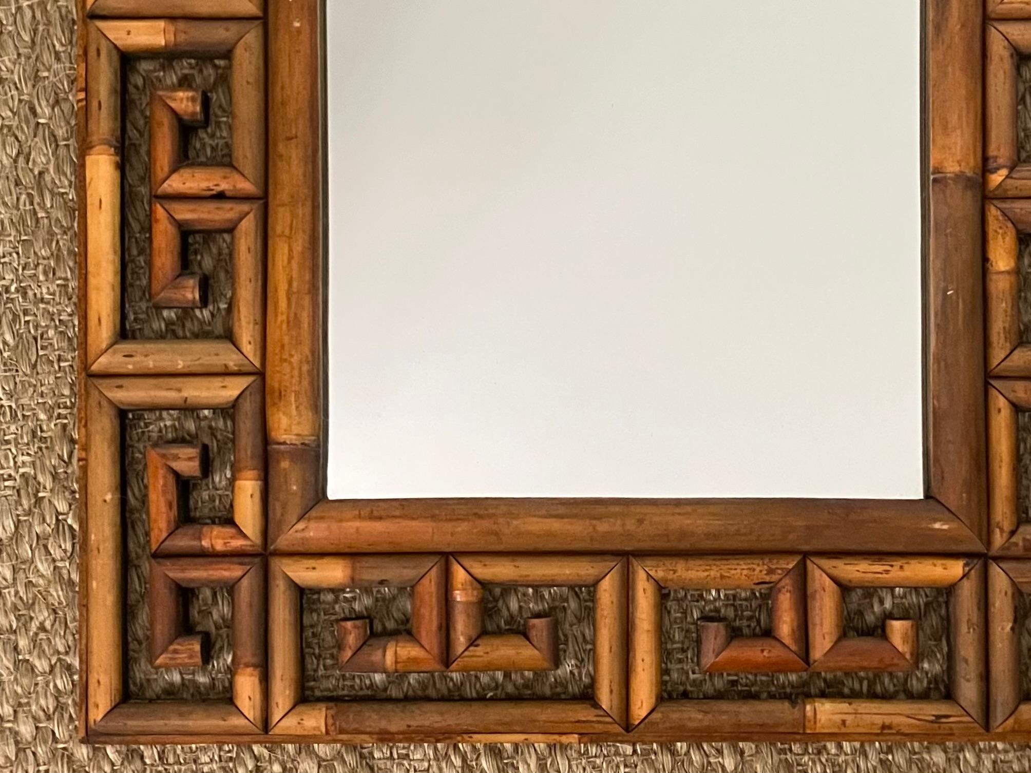 Greek Key Rattan Mirror In Good Condition For Sale In New York, NY