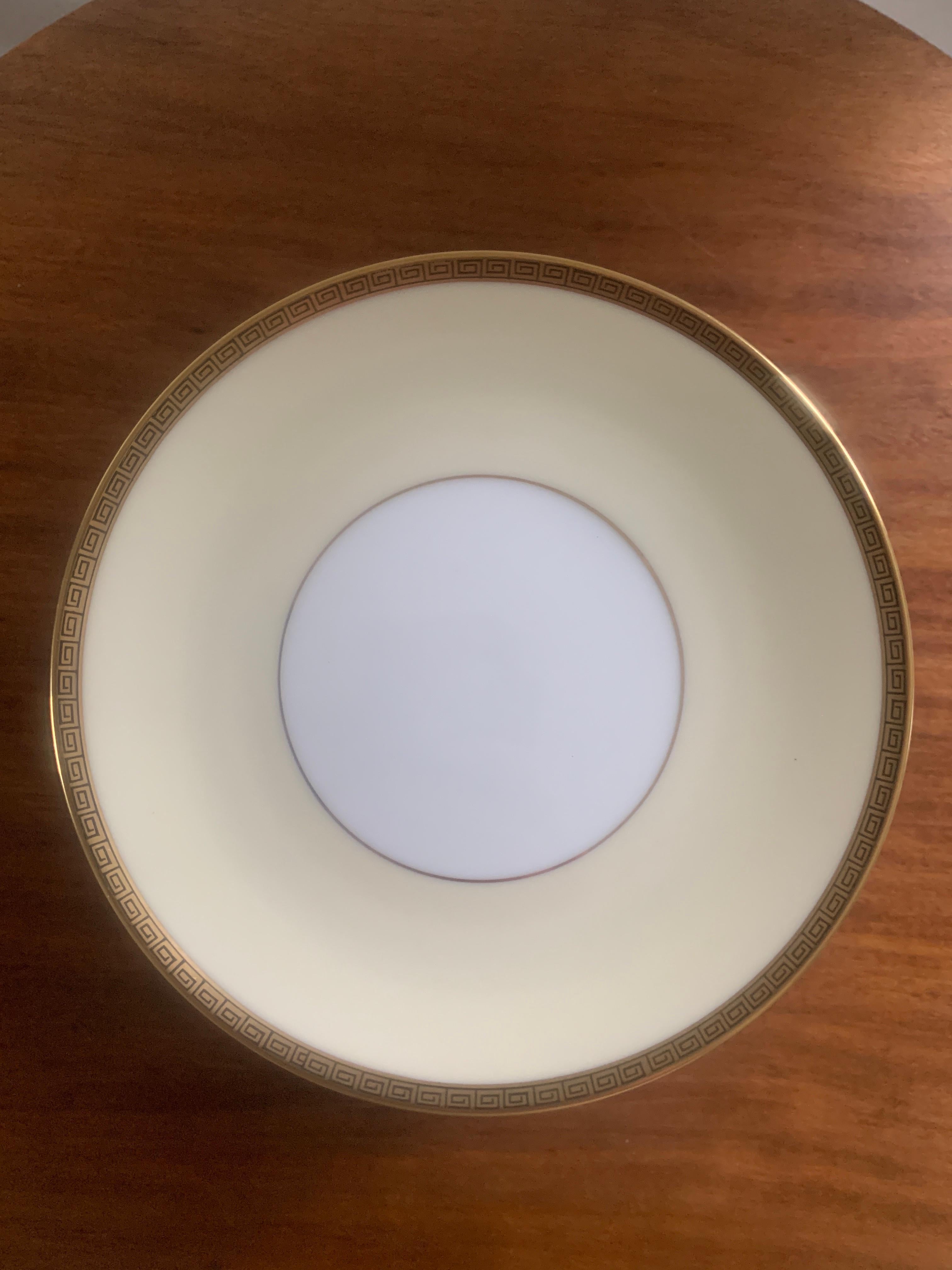 A gorgeous set of china with Greek key rim, service for 8 including dinner, salad, and bread plates

By Nortitake

Japan, Circa mid-20th century

Dinner plate: 10