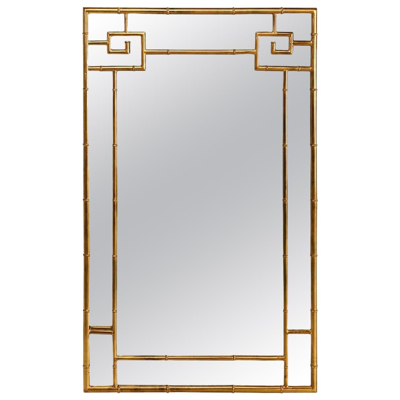 Greek Key Style Mastercraft Brass Mirror, Faux Bamboo Hollywood Regency
