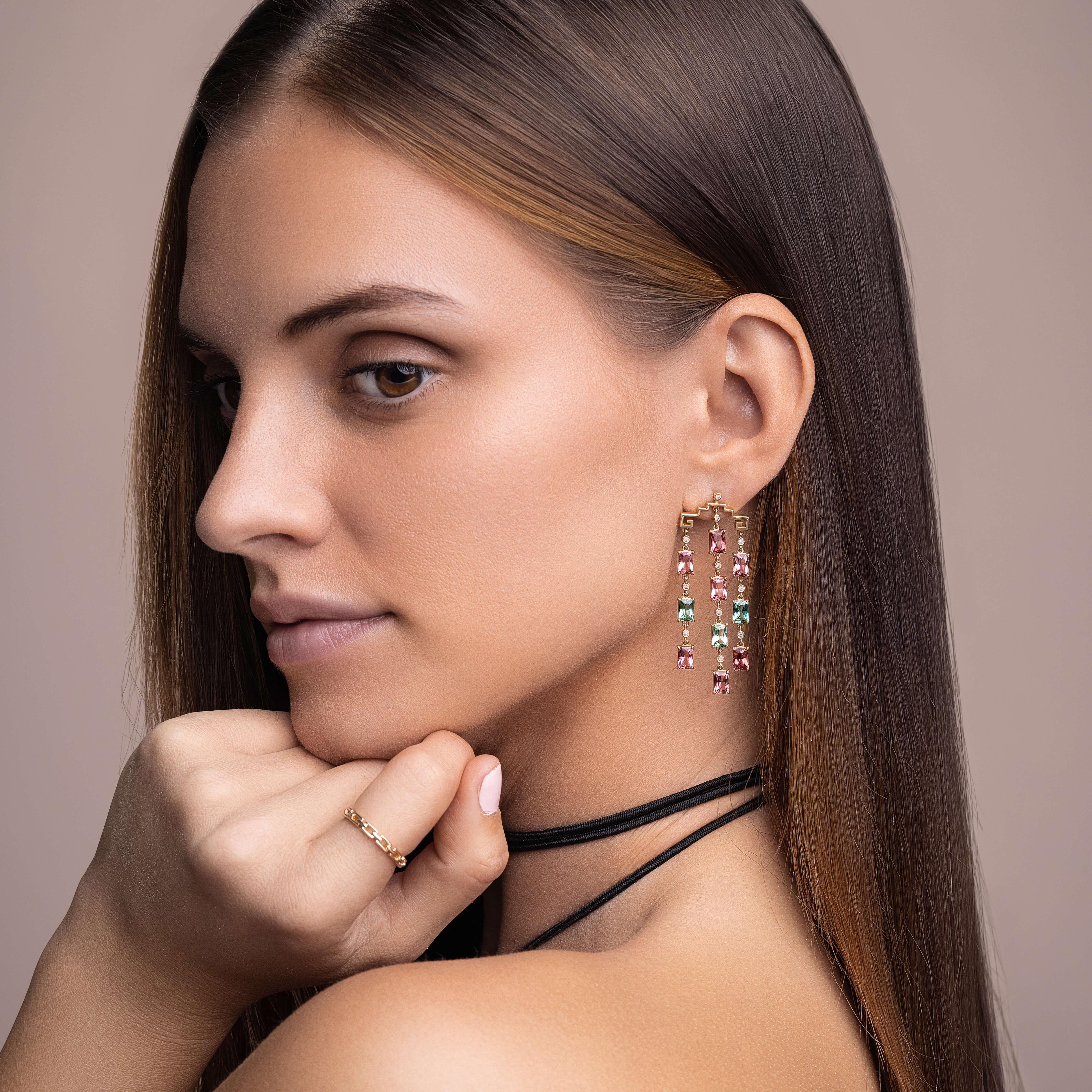 Artisan Greek Key Tourmaline Earrings For Sale