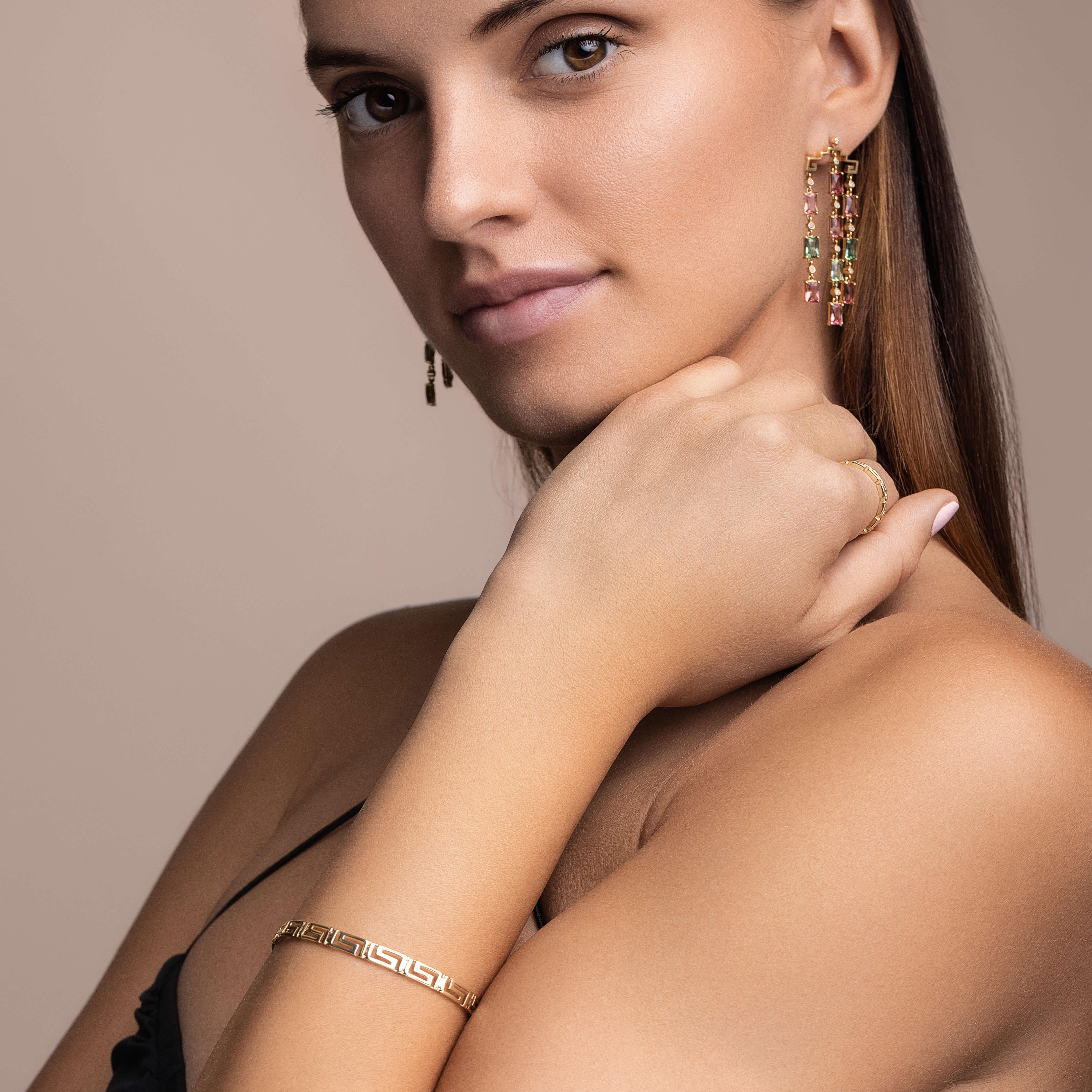 Radiant Cut Greek Key Tourmaline Earrings For Sale