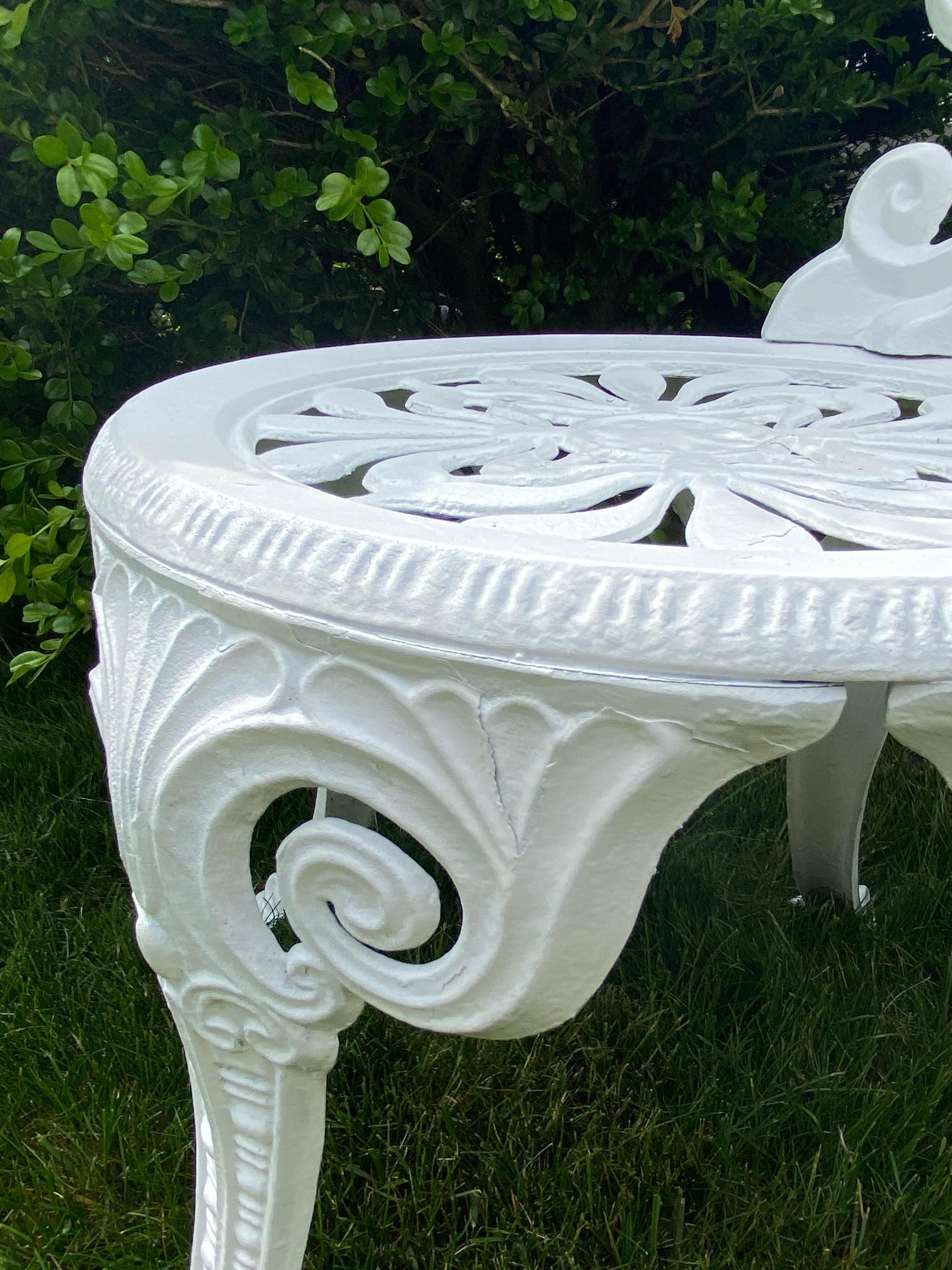 Greek Key Victorian Style White Aluminum Garden Chairs, Pair For Sale 4