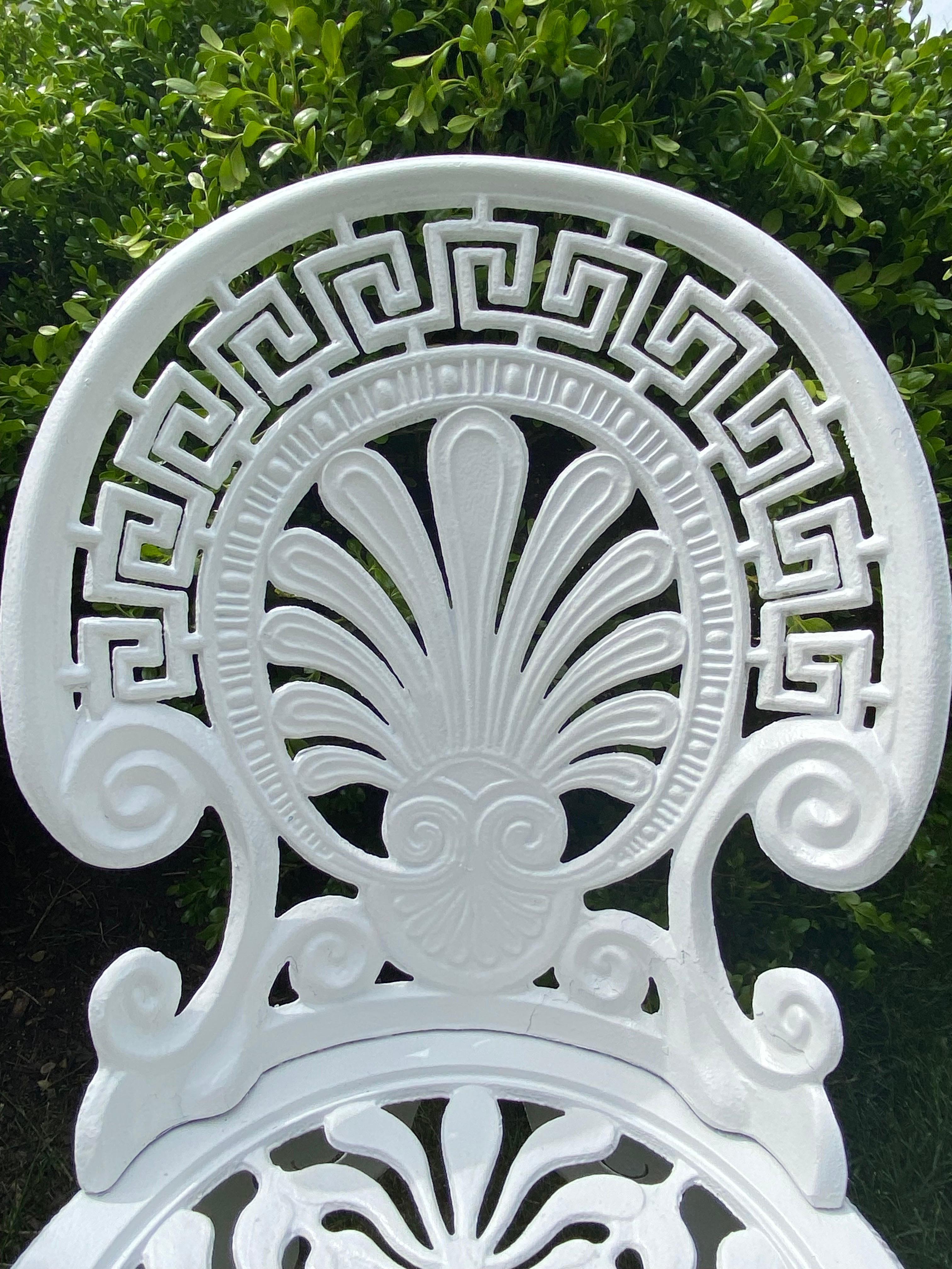 Painted Greek Key Victorian Style White Aluminum Garden Chairs, Pair For Sale