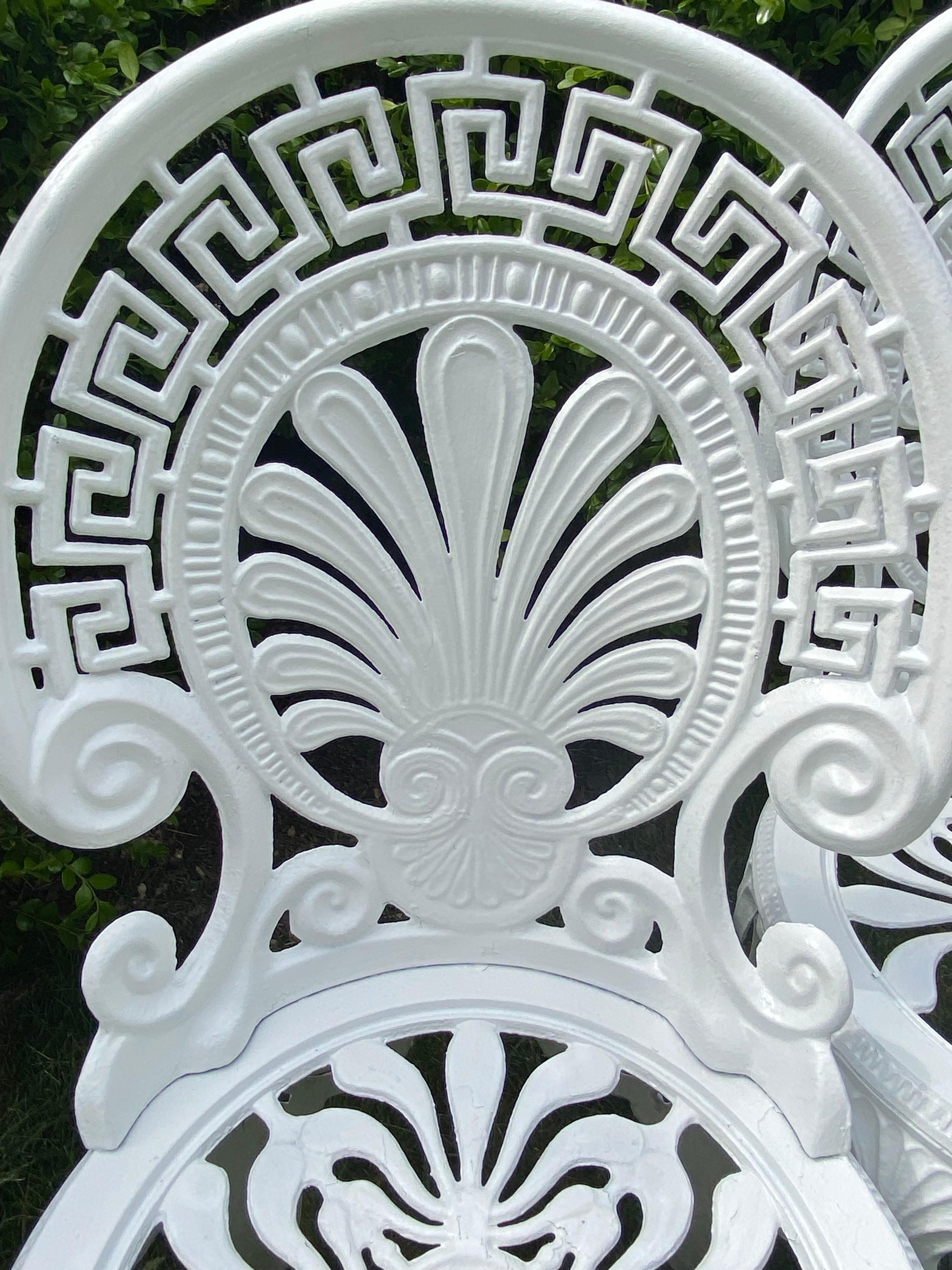 Greek Key Victorian Style White Aluminum Garden Chairs, Pair In Good Condition For Sale In Lambertville, NJ