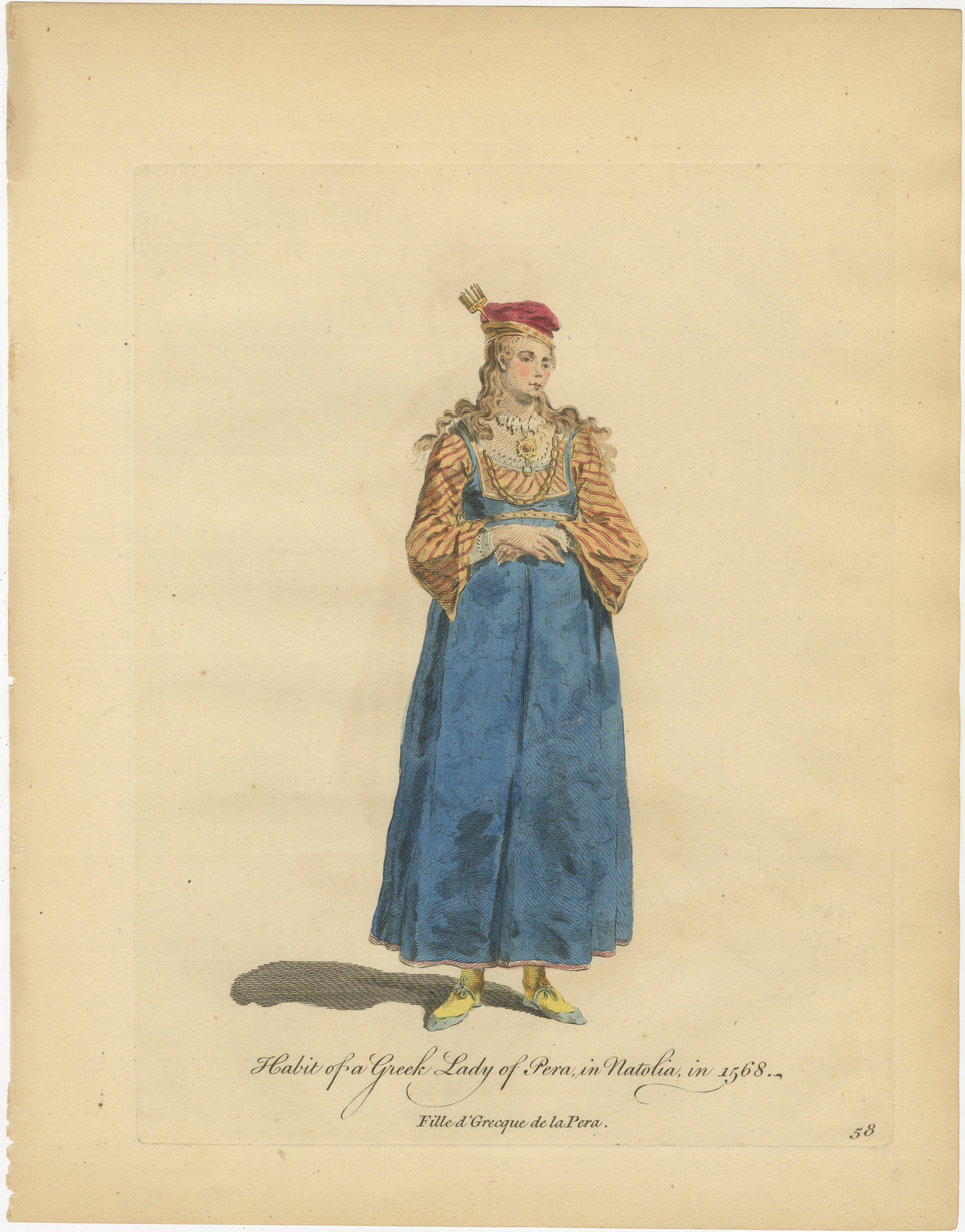 Greek Lady of Pera, Ottoman Costume Print – Hand-Colored Engraving, 1749