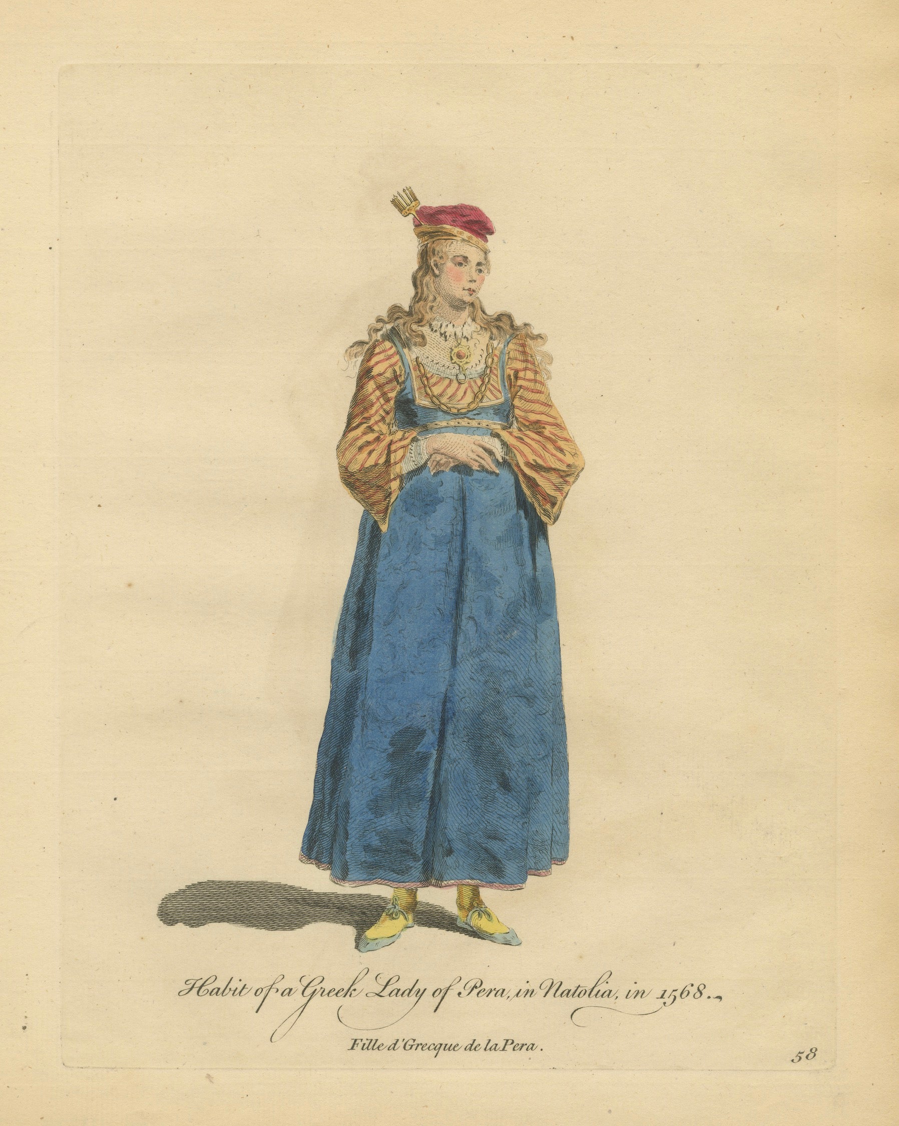 Greek Lady of Pera, Ottoman Costume Print – Hand-Colored Engraving, 1749