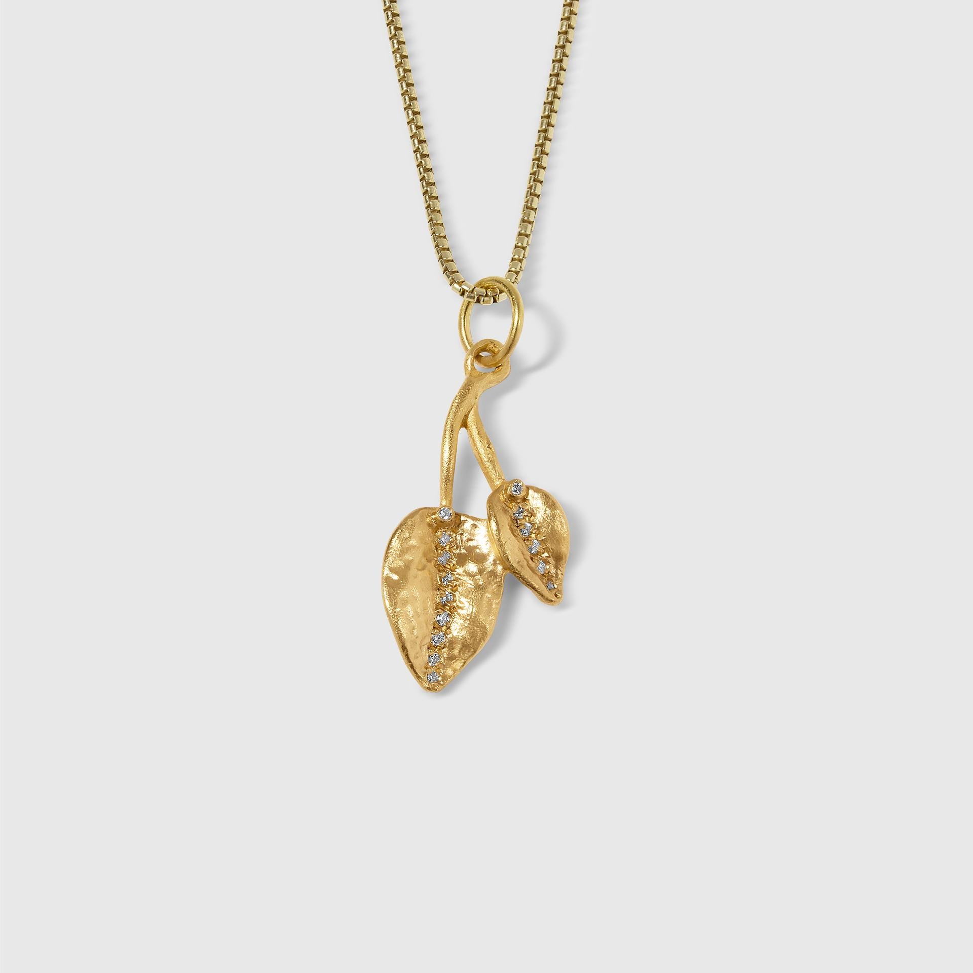 Double Leaf Charm Pendant Necklace with Diamonds, 24kt Solid Gold by Prehistoric Works of Istanbul, Turkey. These pendants look great alone or paired with other coin pendants or with miniature pendants. Measures 14mm x 27mm. Comes with 16